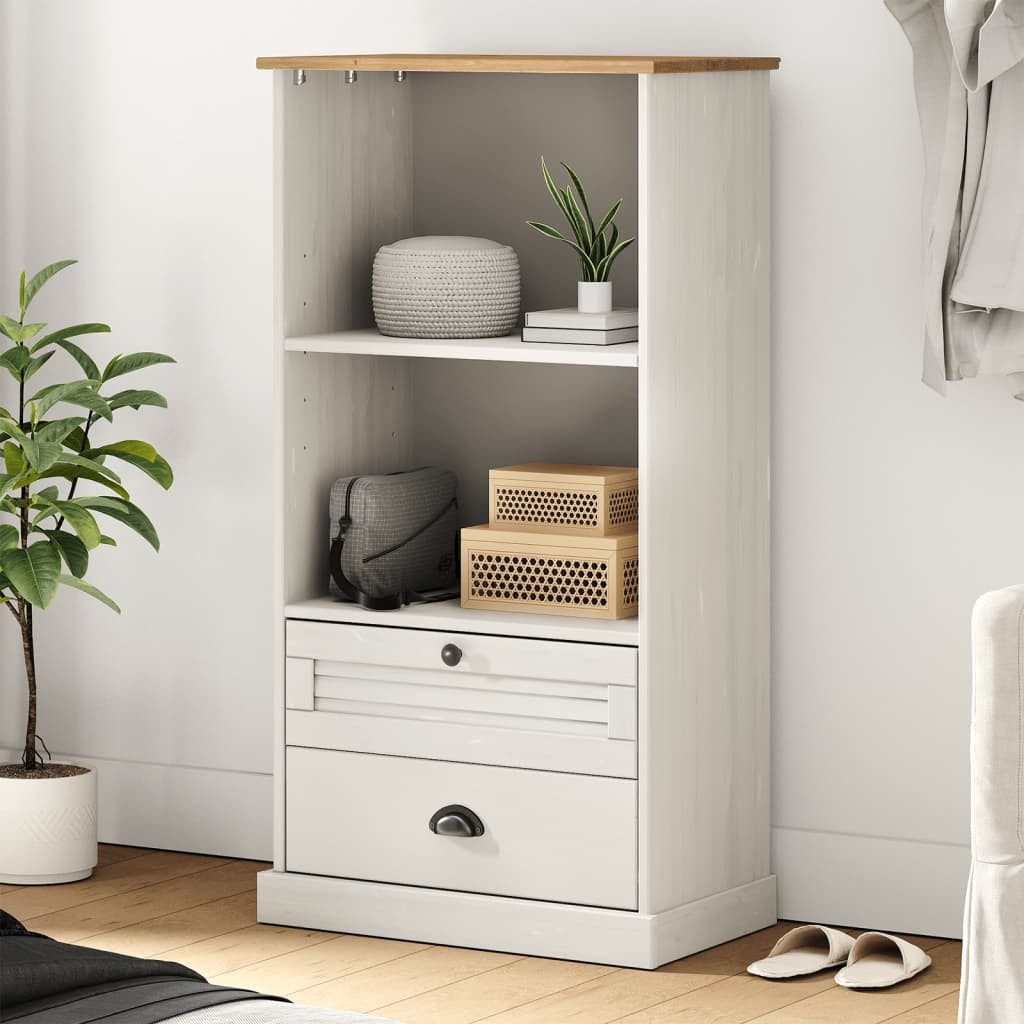 furnicato Bücherregal aus Massivholz, Weiß 60 x 35 x 114,5 cm, 1-tlg., Regalwand mit zwei Schubladen und Metallknöpfen aus Kiefernholz