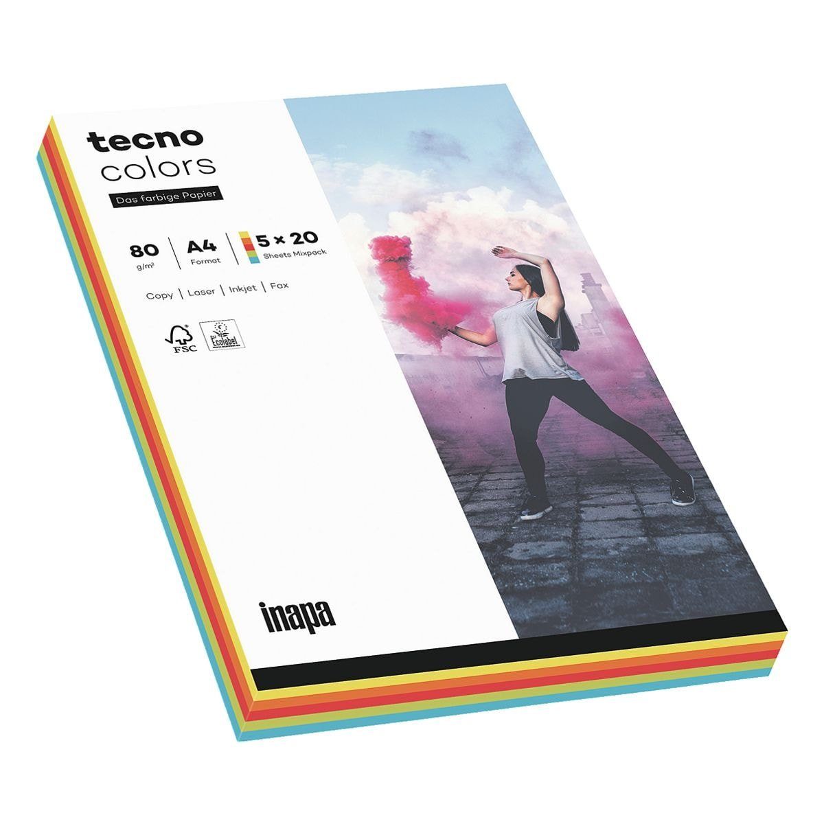 Inapa tecno Druckerpapier Rainbow, Intensivfarben-Mix, Format DIN A4, 80 g/m², 100 Blatt