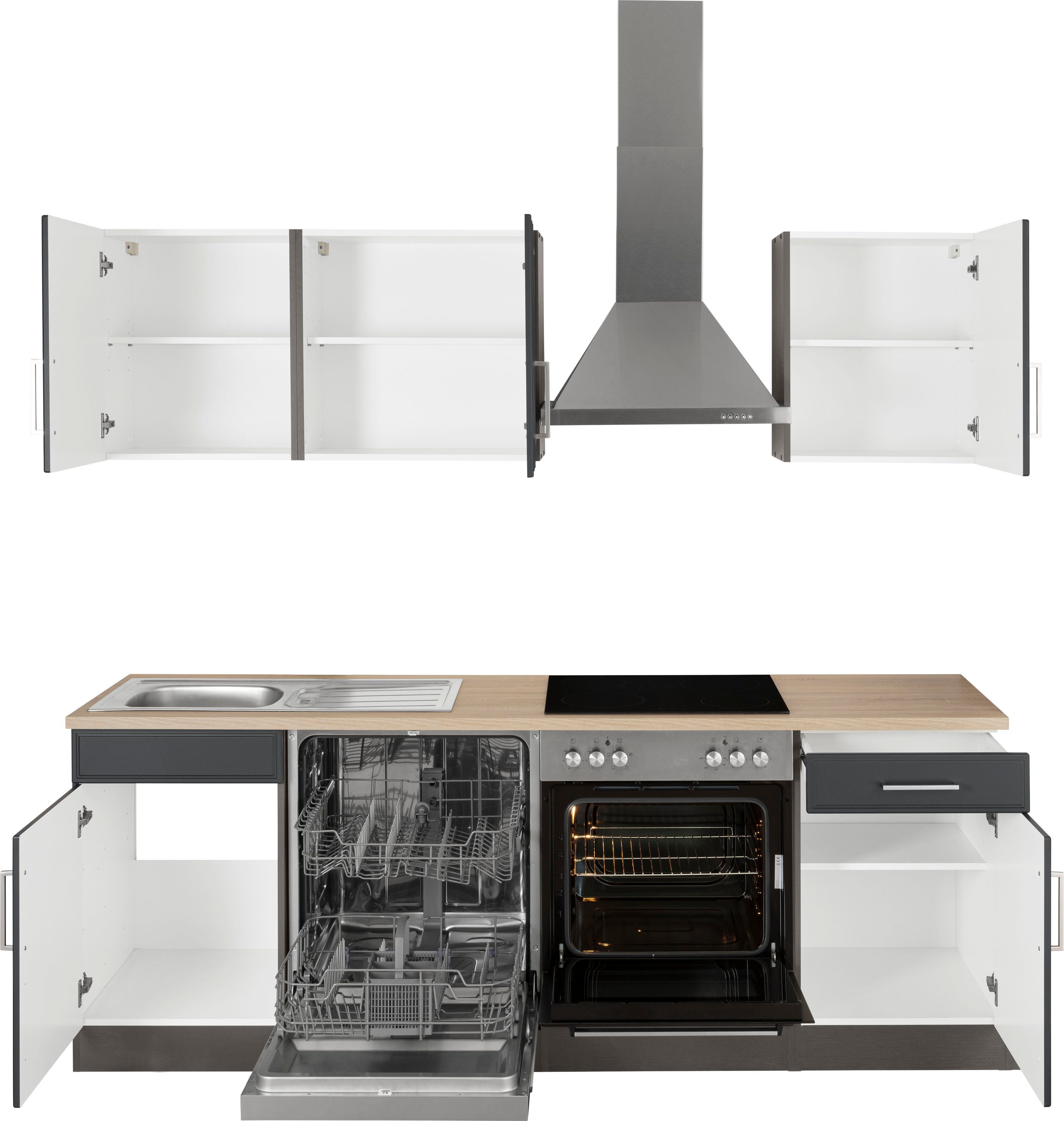 Coin cuisine Kitchenette KS-Stockholm – Cuisine avec façades de style campagnard de haute qualité et aux finitions soignées, largeur 220 cm, avec électroménager en option, façades en MDF