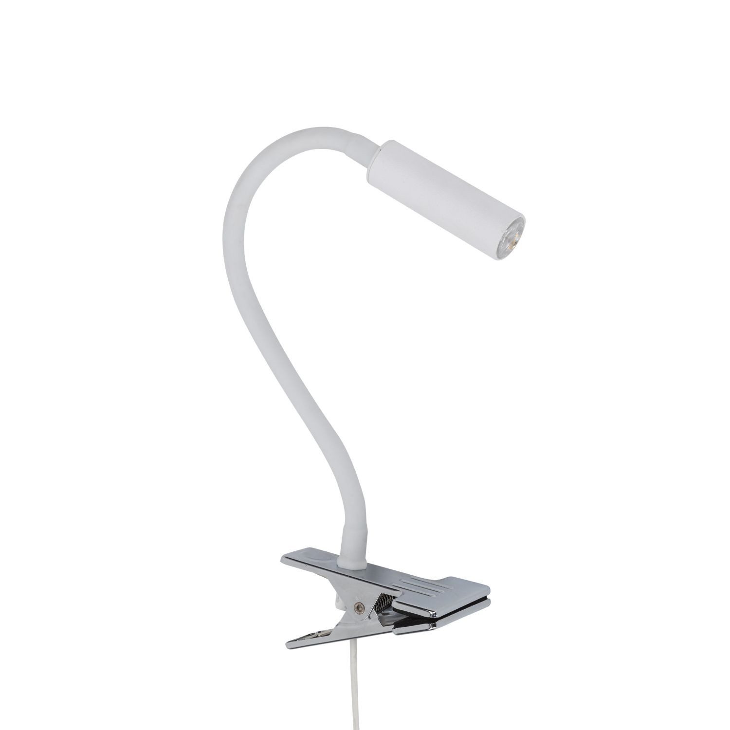 Licht-Erlebnisse Schreibtischlampe LAGOS, ohne Leuchtmittel, Schreib klemmbar Flexarm 40cm G9 Weiß Chrom Kabel Stecker