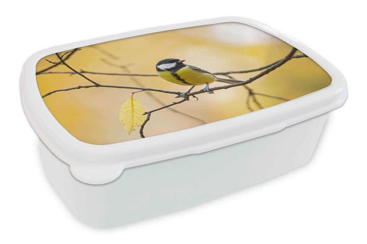 MuchoWow Lunchbox Kohlmeise - Zweig - Vogel - Tiere, Kunststoff, (2-tlg), Brotbox für Kinder und Erwachsene, Brotdose, für Jungs und Mädchen weiß