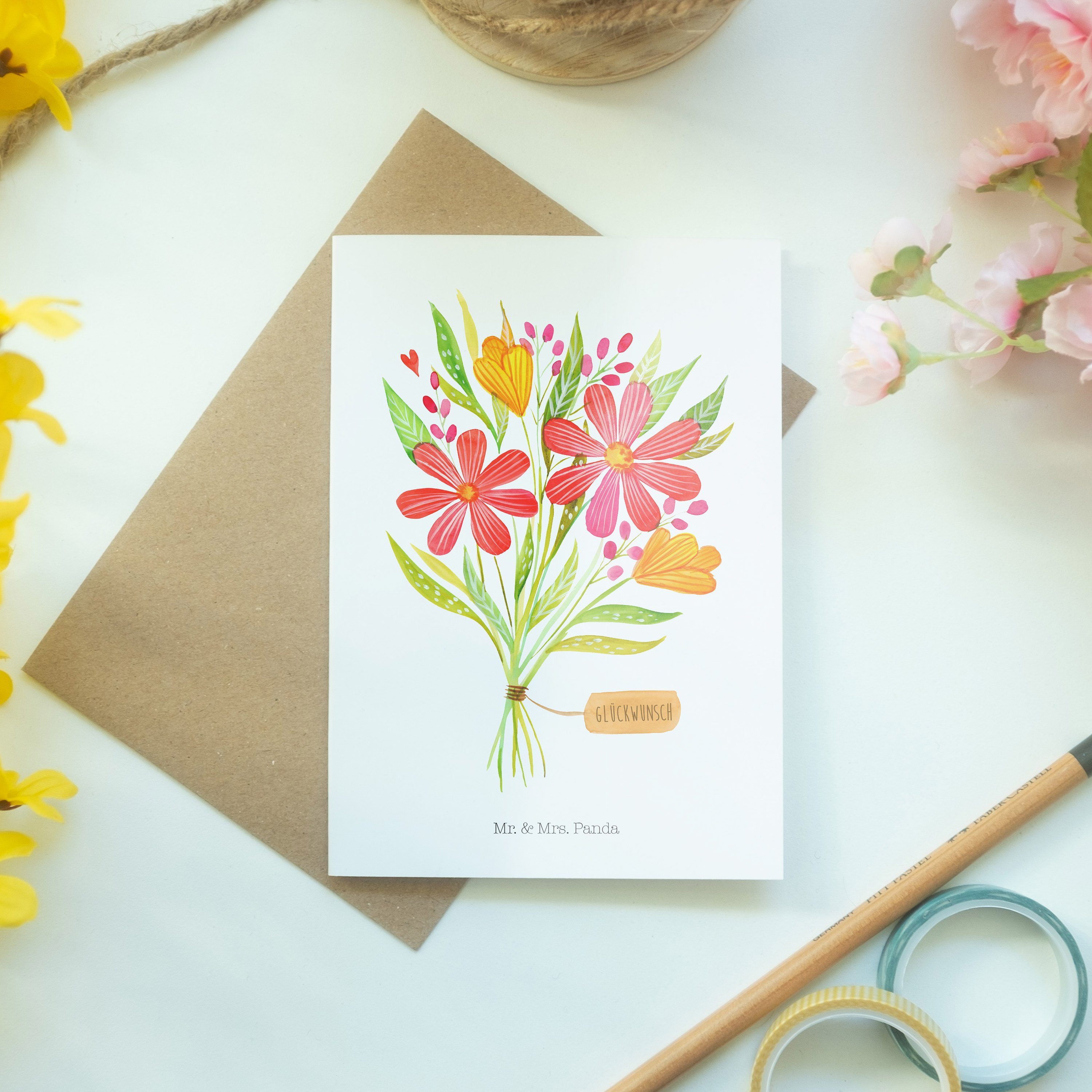 Mr. & Mrs. Panda Geburtstagskarte, Geschenk, B Weiß - Glückwunschkarte, - Blumenstrauß Grußkarte