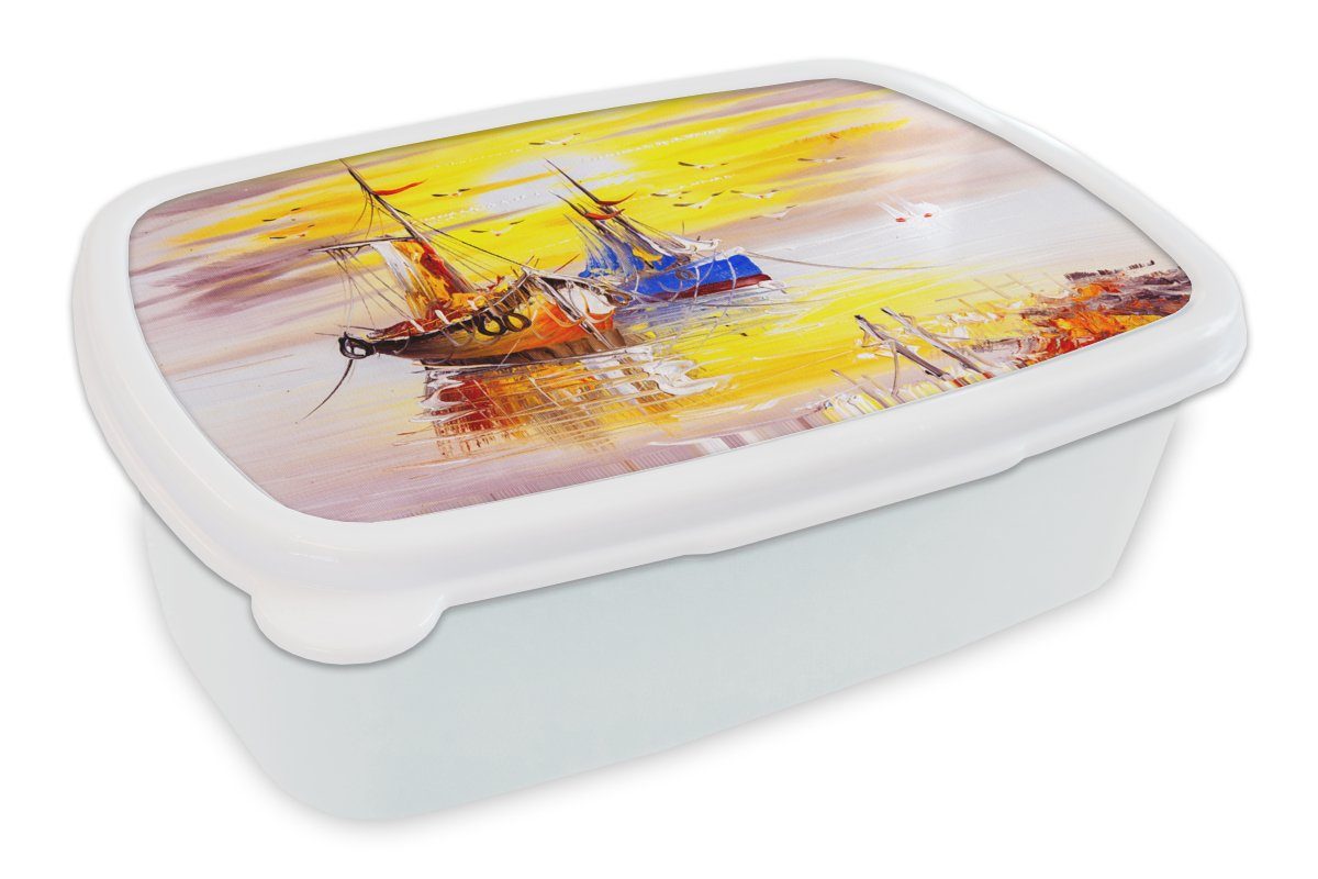 MuchoWow Lunchbox - Wasser Jungs Mädchen und für weiß Ölfarbe, Kunststoff, (2-tlg), - Boot und für Malerei Brotbox Erwachsene, - Kinder Brotdose