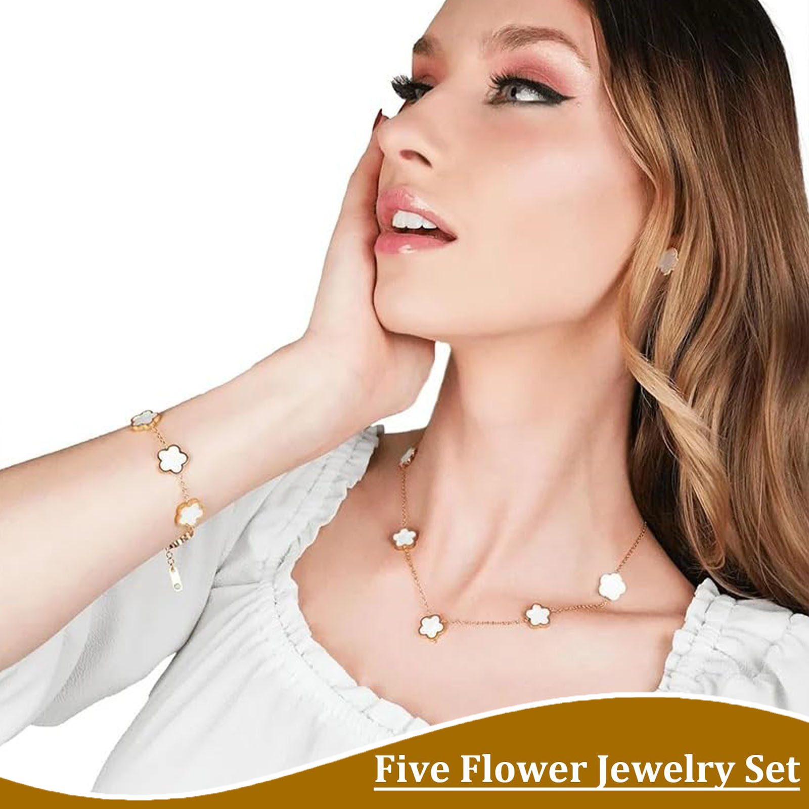 MOPUEA Schmuckset Kleeblatt Schmuck-Set Armband Halskette & Ohrringe mit Geschenkbox (für Hochzeit Geburtstag Jahrestag, 3-tlg), Edelstahl Halskette Ohrstecker  – Bild 5 von 5