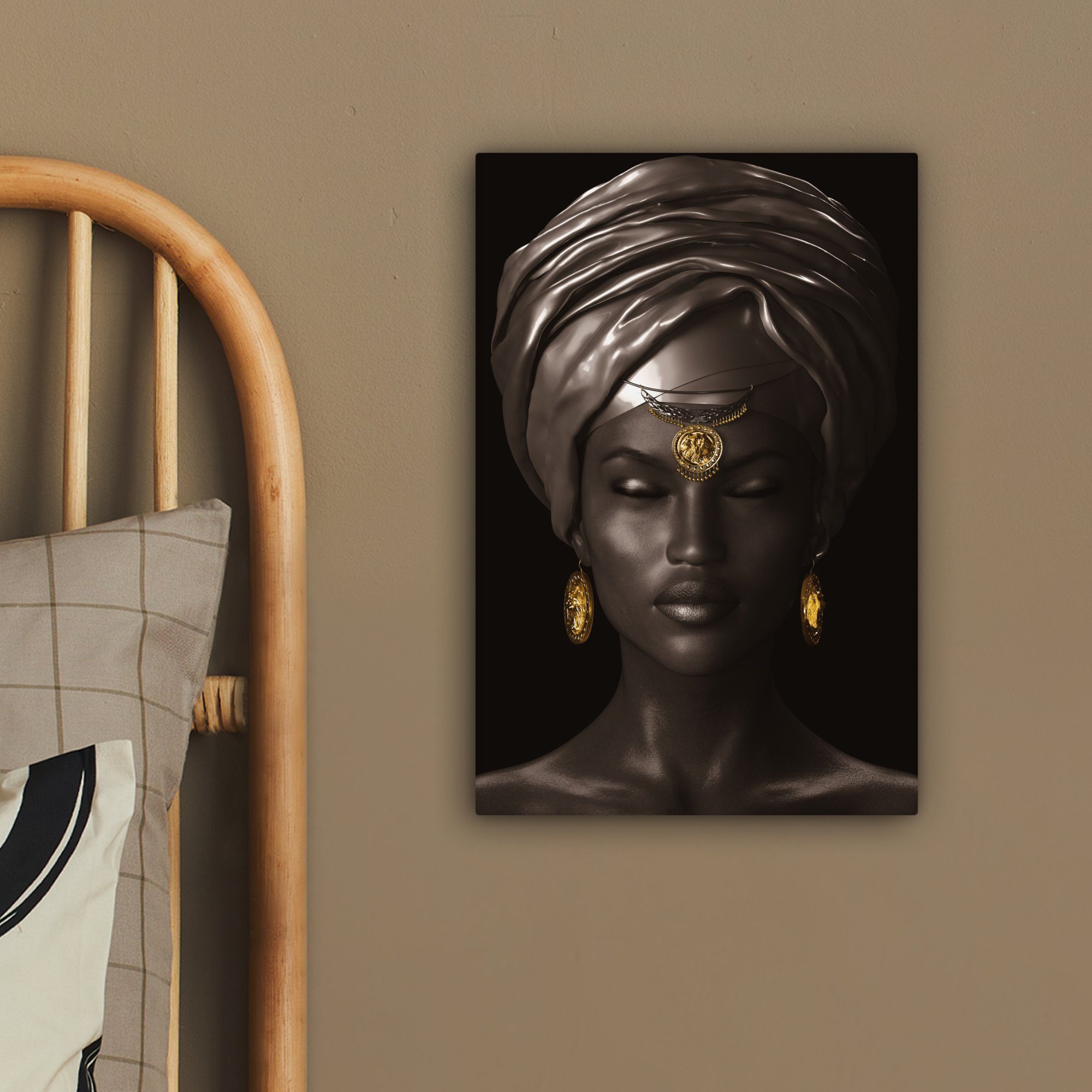 Gemälde, OneMillionCanvasses® Frau Schwarz fertig bespannt 20x30 - (1 Leinwandbild Leinwandbild - inkl. Gold, - St), Afrika Zackenaufhänger, cm