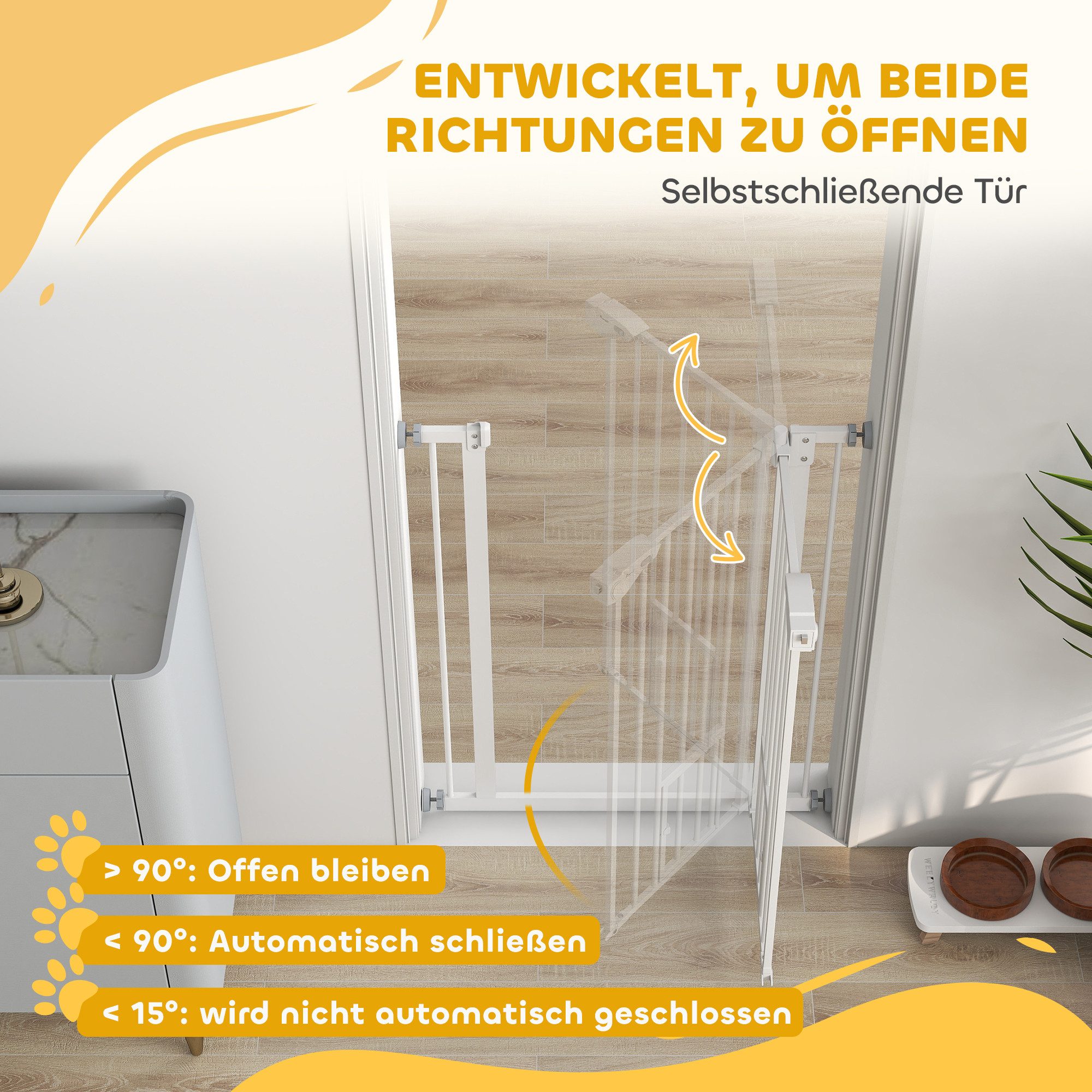 PawHut Hundegitter Türschutzgitter Ohne Bohren mit Auto-Close, Einhand Öffnung (Hunde Treppenschutzgitter, 1 St., Schutzgitter für Haustier), Weiß 74-80 x 5 x 9 – Bild 5 von 5