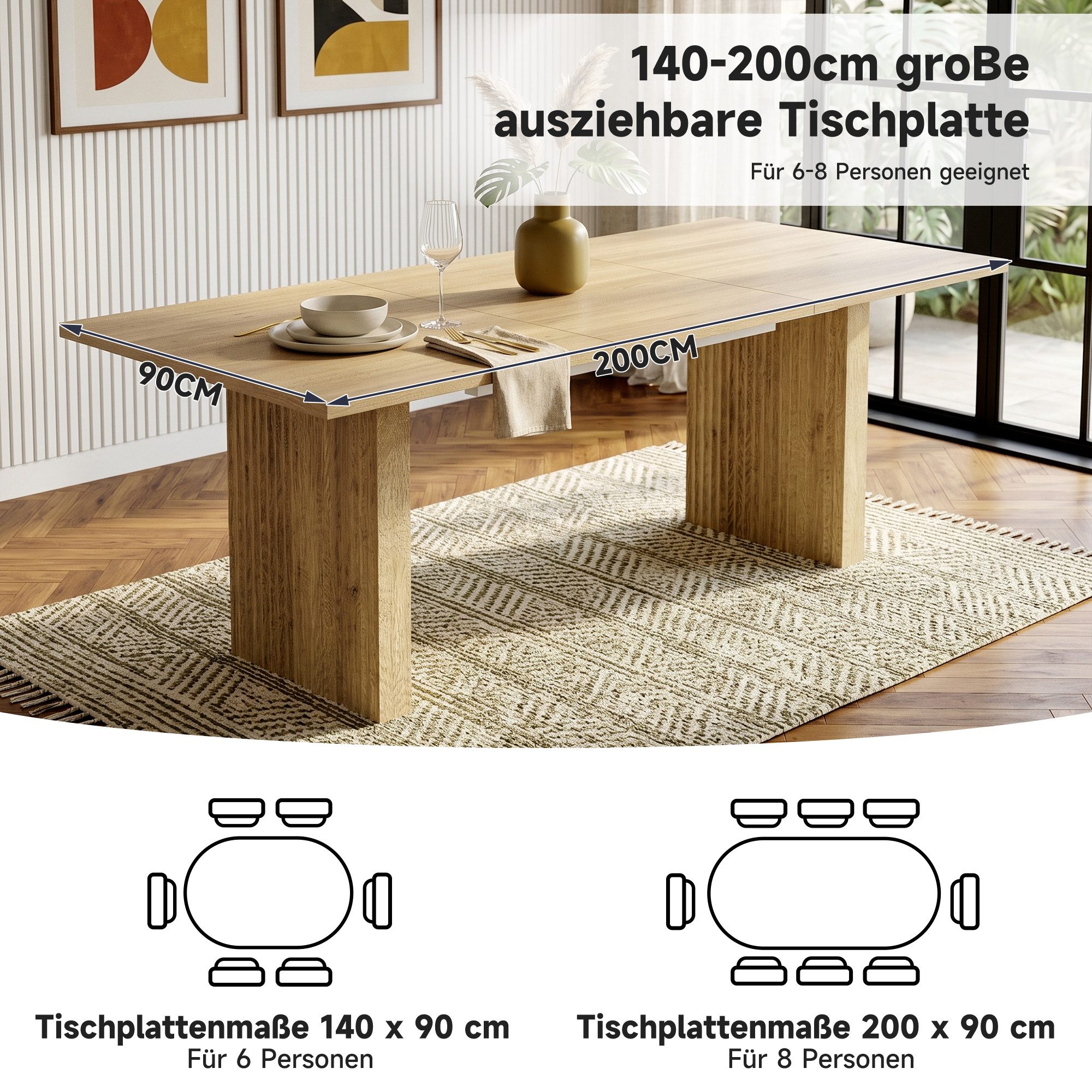 MODFU Esstisch Ausziehtisch von 140 auf 200 cm, 3 cm stark (Packung, 1-St., rechteckig, Eichenfarbe), für 6-8 Pers., 75x90 cm(HxT), stabil