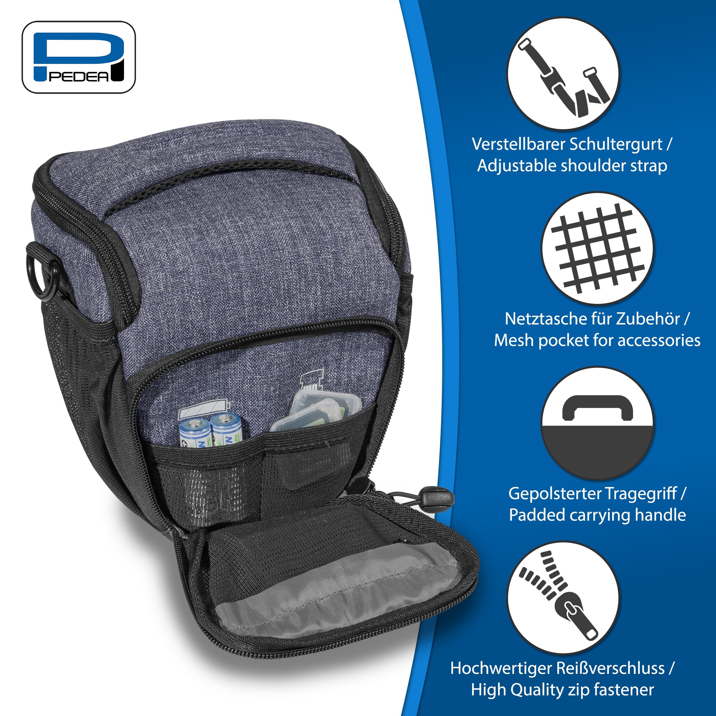PEDEA Kameratasche FASHION M Fototasche gepolstert, mit Gurt und Zubehörfächer, Größe M / Regenschutz, Schultergurt, Zubehörfächer
