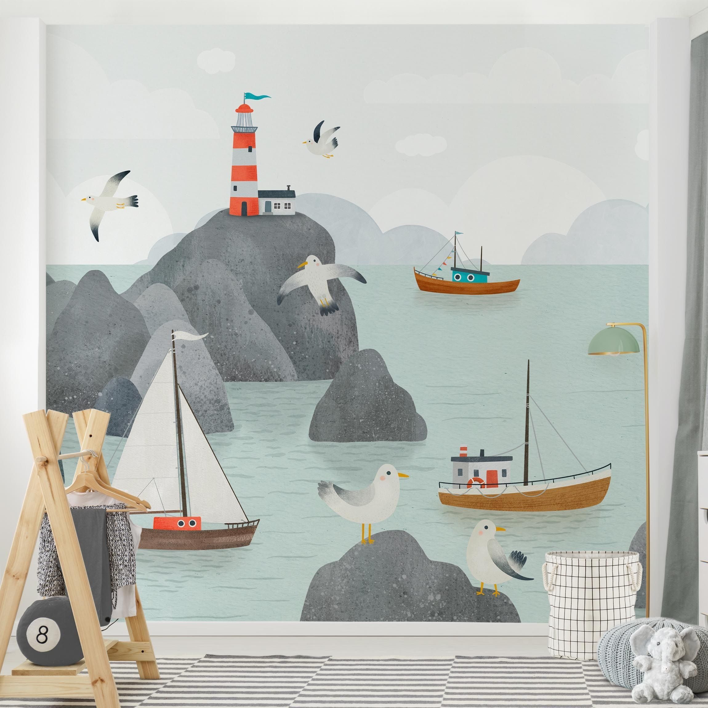 Bilderdepot24 Kindertapete Meer Felsen Boot Möwen Aquarell Natur Strand Meer Tiere türkis modern, Glatt, Matt, (Vliestapete inkl. Kleister oder selbstklebend), Mädchenzimmer Jungenzimmer Babyzimmer Bildtapete Fototapete Wandtapete
