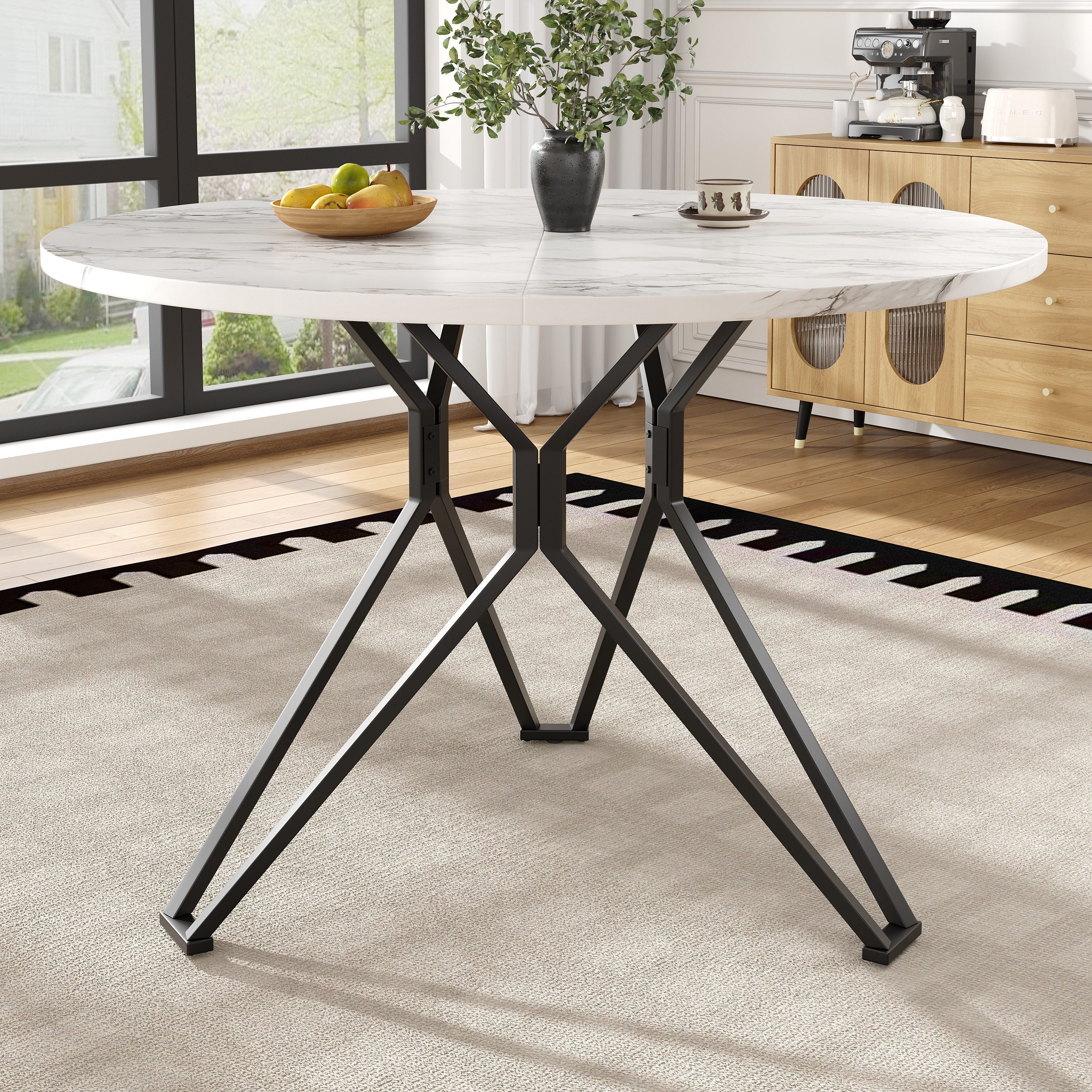REDOM Essgruppe Runder Esstisch, (mit Marmoroptik und Metallbeinen – Verstellbare Füße, Stabiler Tisch für 4 Personen – Ideal für Esszimmer, Wohnzimmer & Büro, 1-tlg)