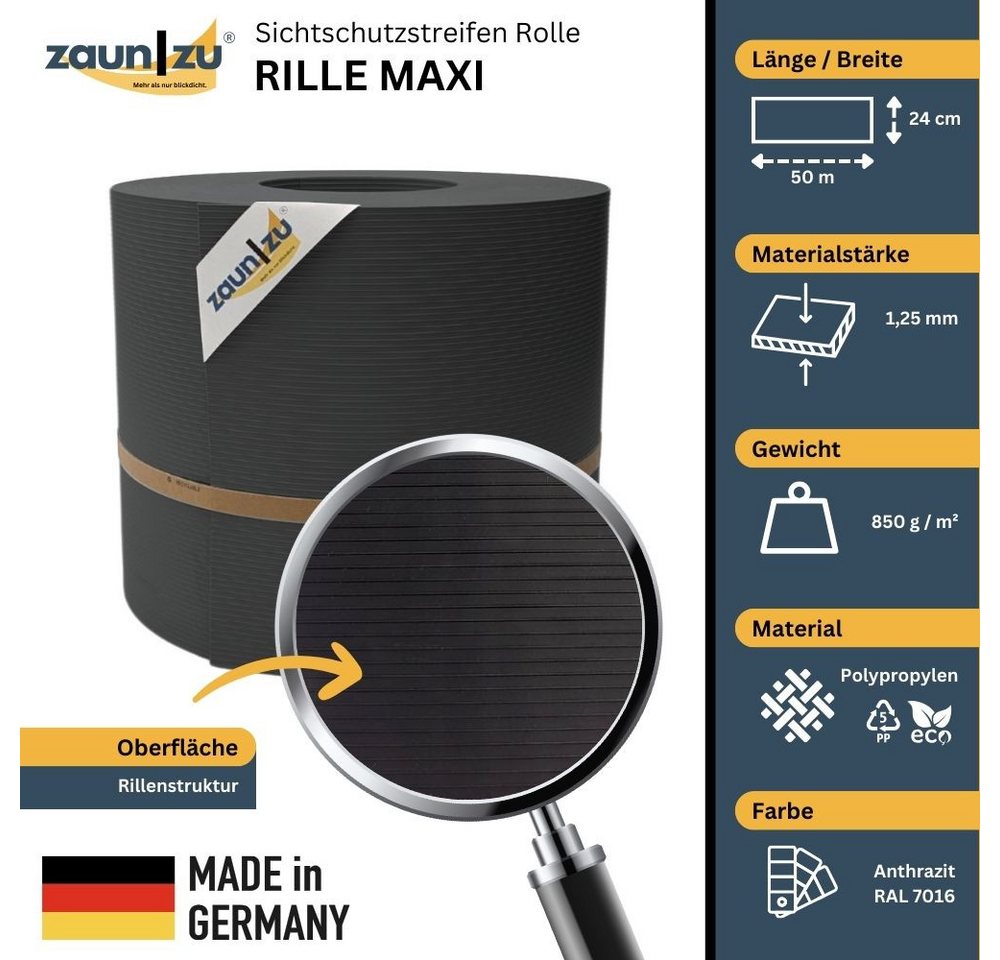 Thumbnail - zaunzu Sichtschutzstreifen Rille Maxi Rolle für Doppelstabmatten 24cm hoch Anthrazit 50m, (1x Rolle Zaunblende, 24cm hoc...
