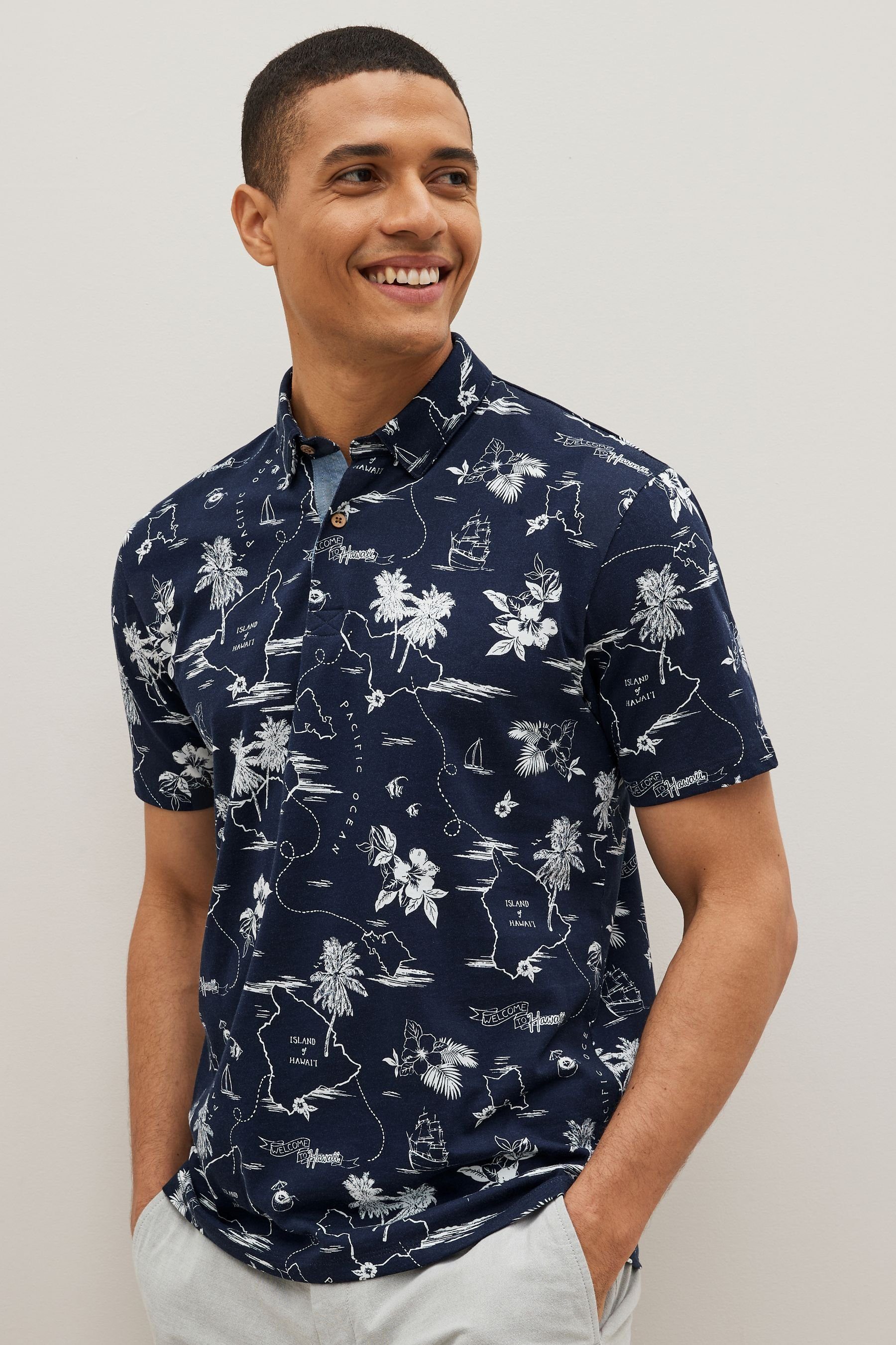 Next Poloshirt Blue Navy Geoprint Polo-Shirt (1-tlg) mit Hawaii