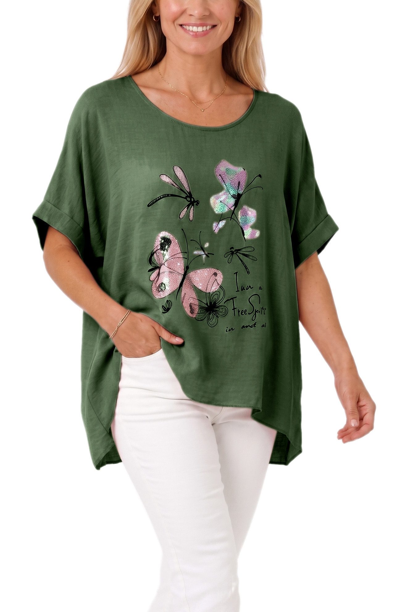 dy_mode Kurzarmshirt Damen Oversize Tunika Sommer Bluse mit Glitzer Shirtbluse Fledermausärmeln, Oversize, mit Glitzer-Steinchen