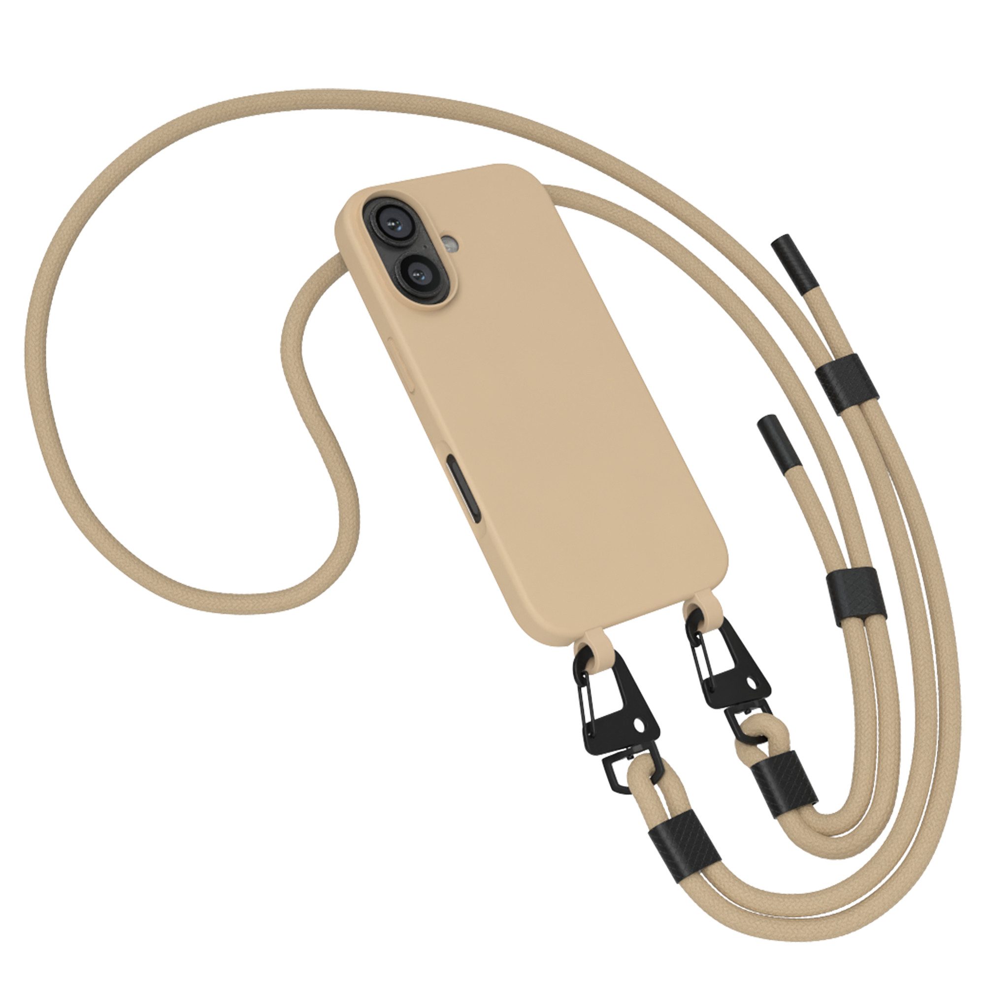 EAZY CASE Handykette 2in1 Hülle mit Band für iPhone 16 6,1 Zoll, Silicon Handyhülle mit schmaler Kette Necklace Carabiner Etui in Taupe