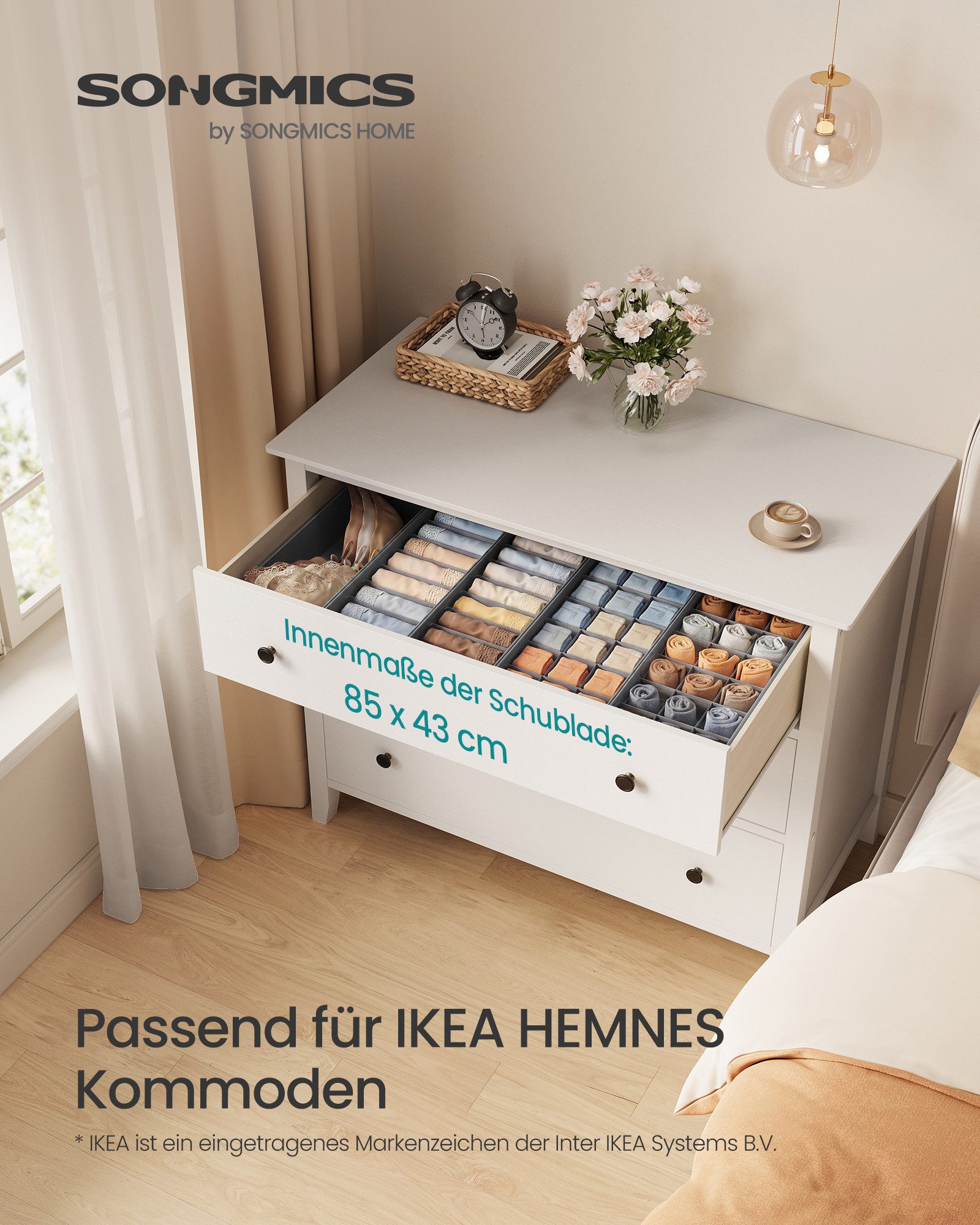SONGMICS Aufbewahrungsbox Schubladen-Organizer, faltbar, Schrank-Organizer, für Unterwäsche und Socken, 15/19 x 41 x 10 cm, Schrank-Organizer – Bild 3 von 5