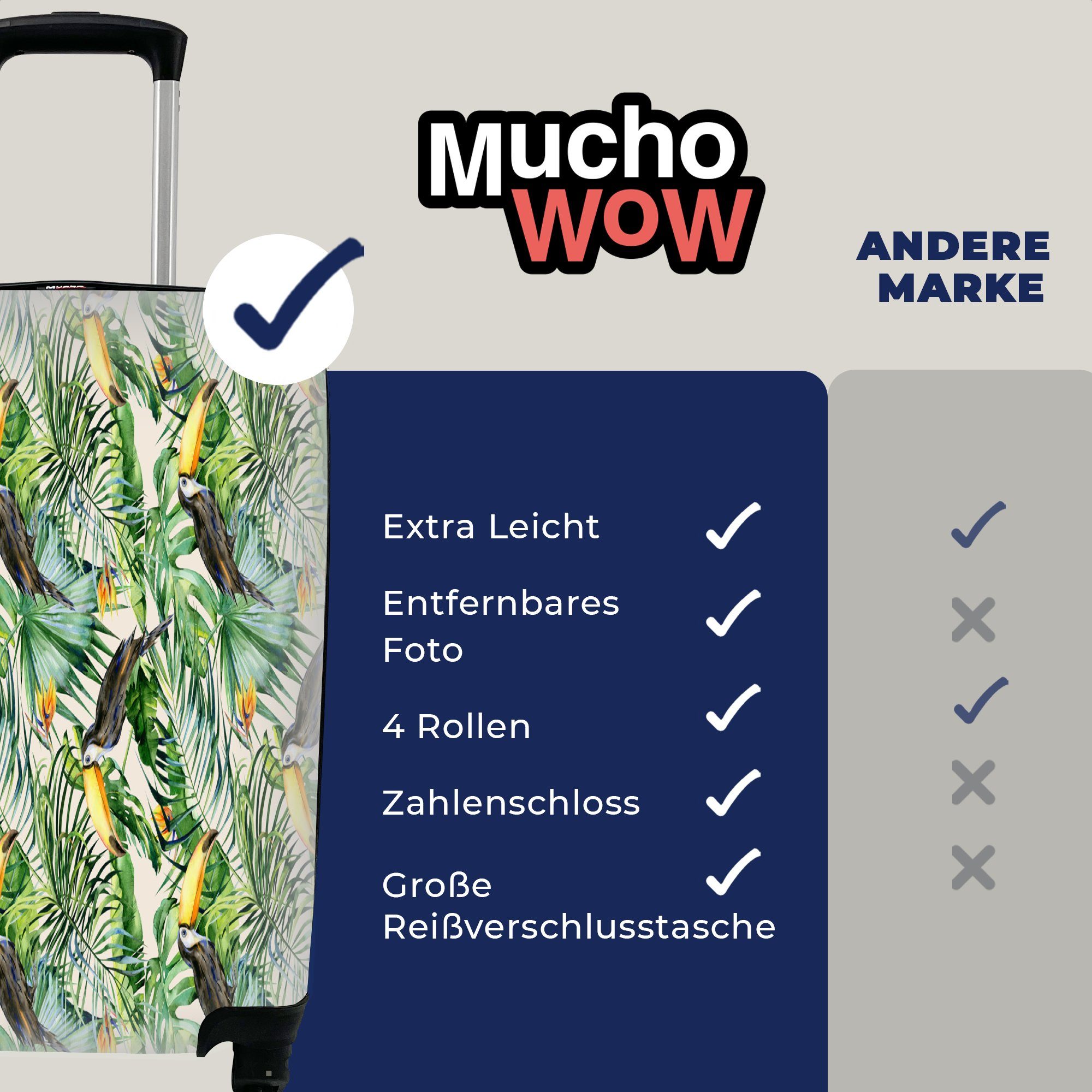 Paradiesvogelpflanze Tukan Reisetasche Handgepäck Reisekoffer MuchoWow Handgepäckkoffer mit Ferien, Trolley, Rollen, - 4 - Tropisch, rollen, für