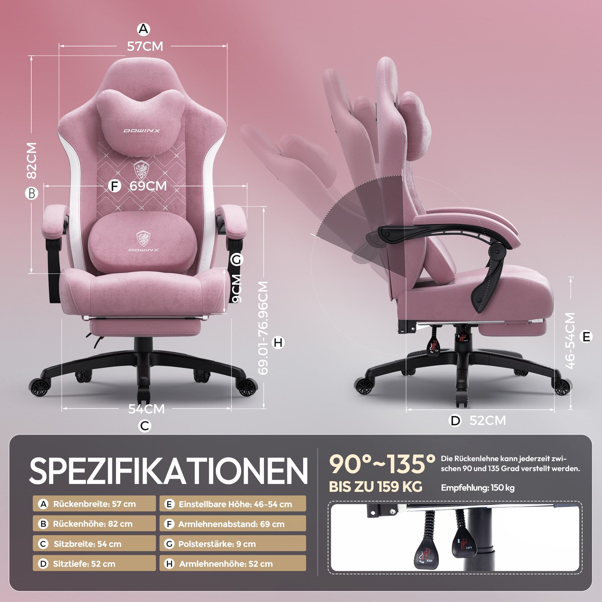 Dowinx Gaming-Stuhl Bürostuhl mit Beheizter Massage Lendenwirbelstütze (Packung), Gamer Stuhl Stoff mit Tasche Frühling Kissen und Fußstütze – Bild 2 von 5