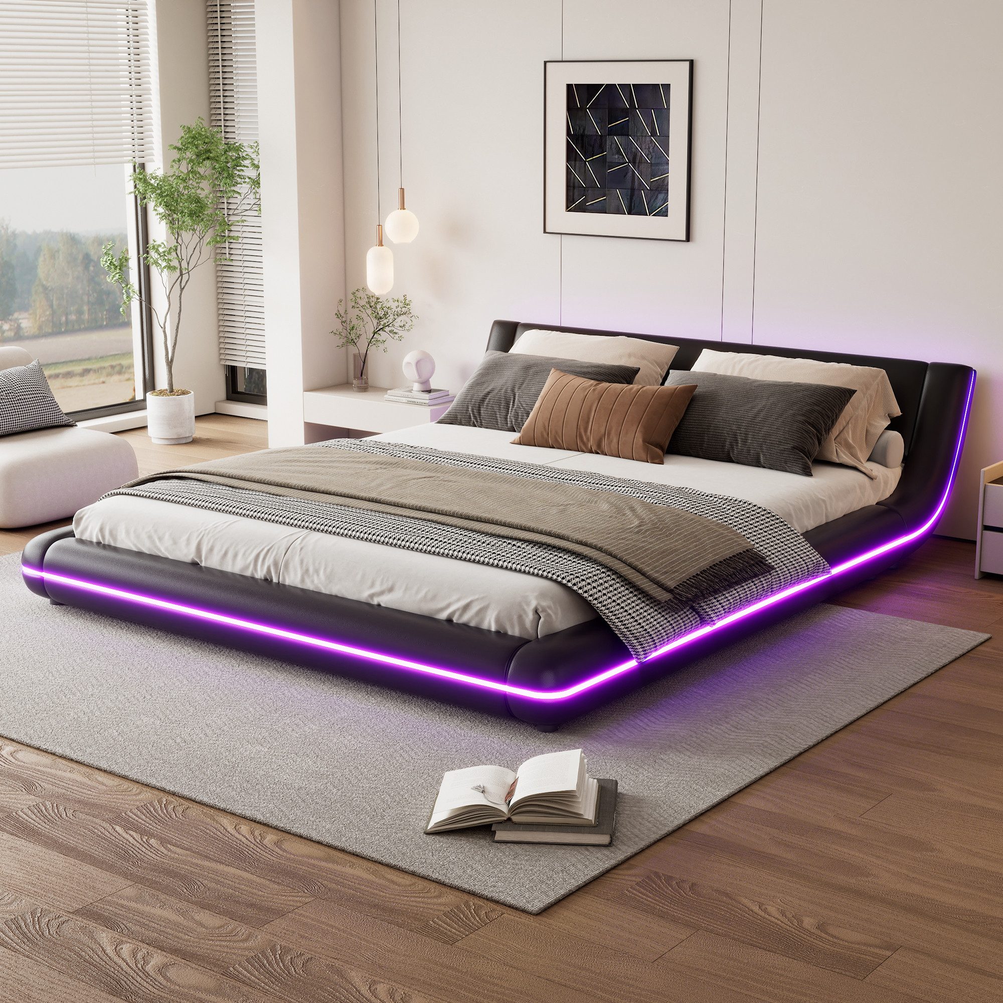 Ulife Polsterbett modern Design Doppelbett mit LED-Umgebungslicht Lattenros günstig online kaufen