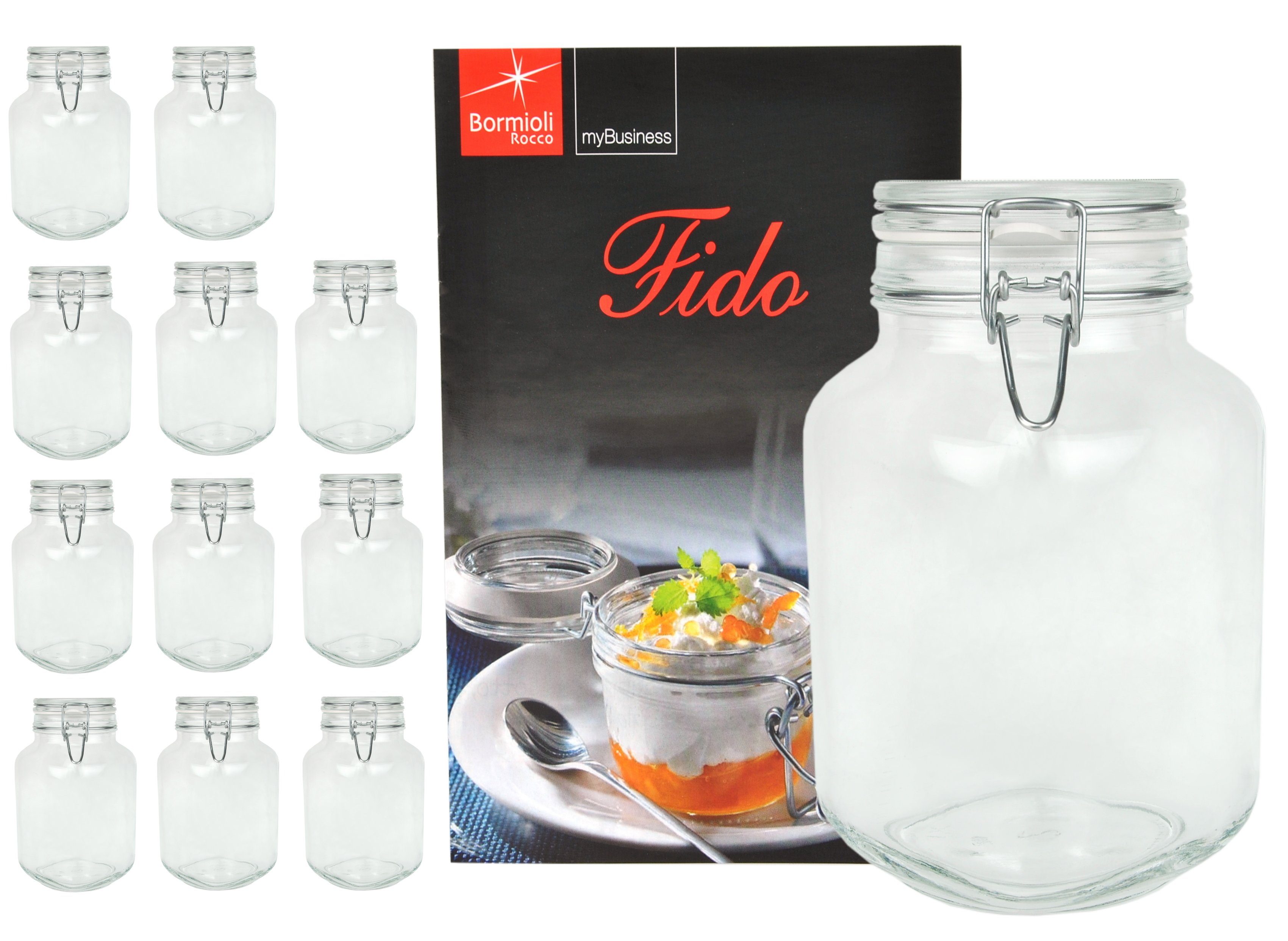 MamboCat Einmachglas Vorratsglas Glas 3,0L 12er Fido Original Set Rezeptheft, Bügelverschluss