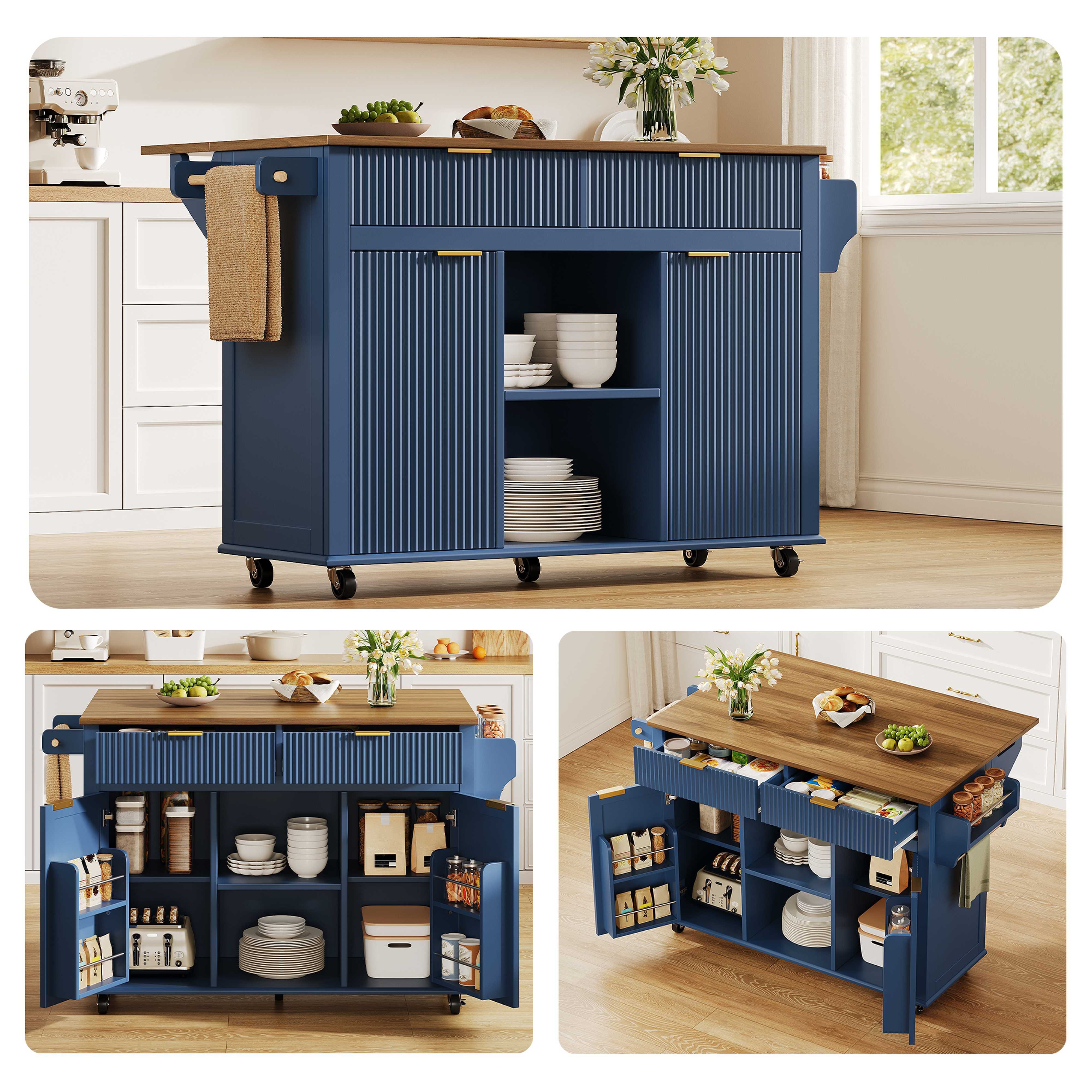 BlingBin Kücheninsel mit klappbarer Arbeitsplatte,Küchenwagen mit 2 Schubladen, 2 Türen, (2 Packung), Rollbarer Küchenschrank mit Stauraum,Gewürzregalen und Handtuchhaltern