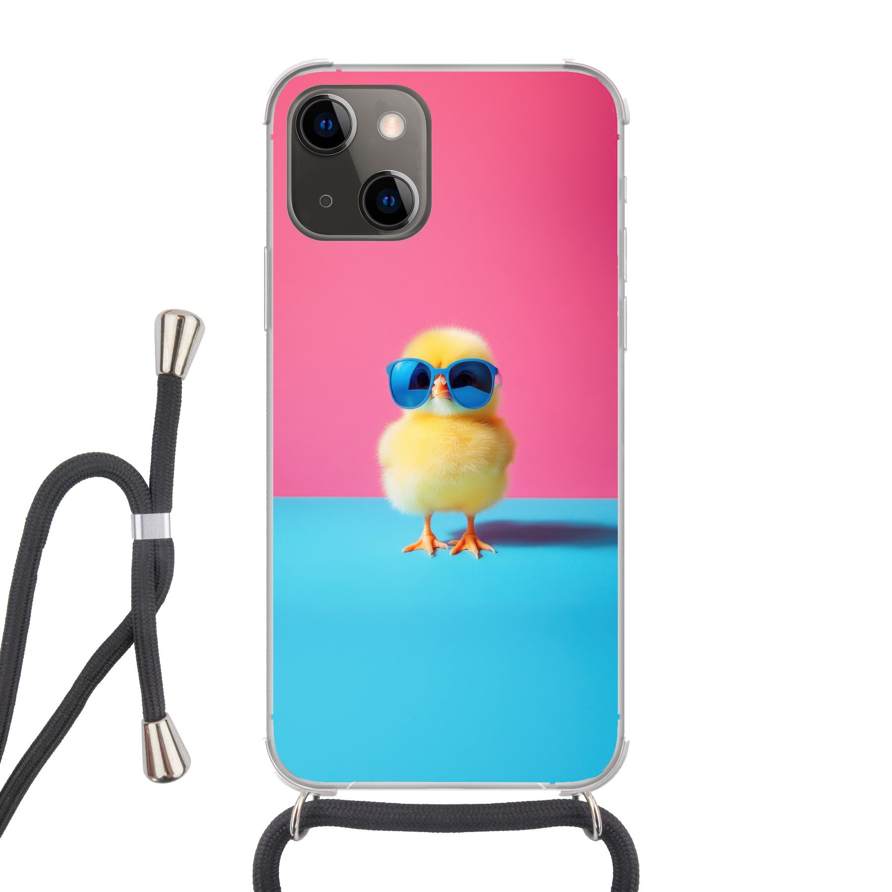 MuchoWow Handyhülle für Apple iPhone 13 Mini Chick - Sonnenbrille - Blau, Tragbare Handyhüllen mit Kette zum umhängen, Handykette Handyband