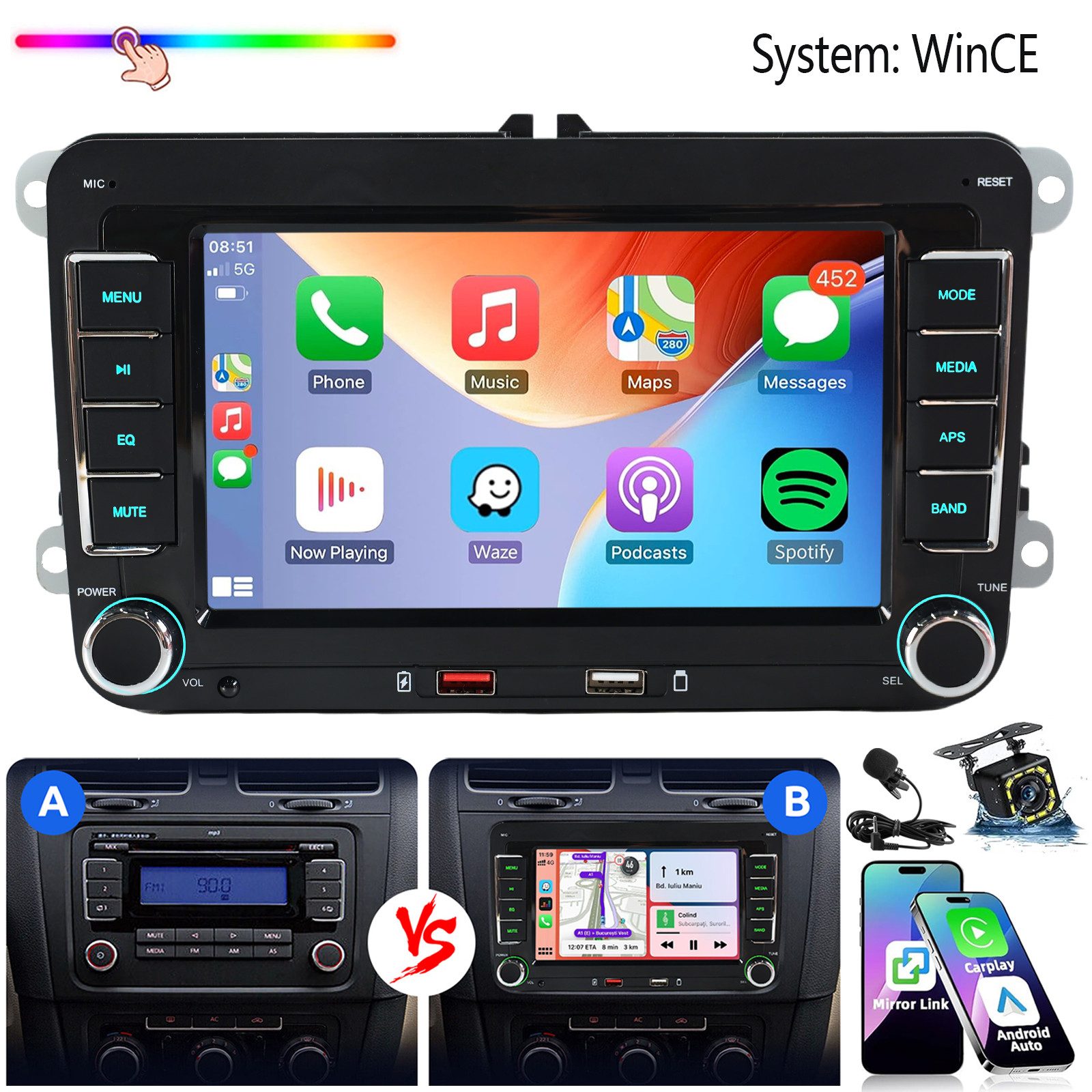 ESSGOO Für VW Golf 5 6 Plus Touran Caddy Jetta Autoradio Carplay Android Auto Autoradio (System : WinCE, Rückfahrkamera(optional), 2 DIN, AM/FM, SWC, CANBUS-Adapter ENTHALTEN (optimiert für Windows CE-System)