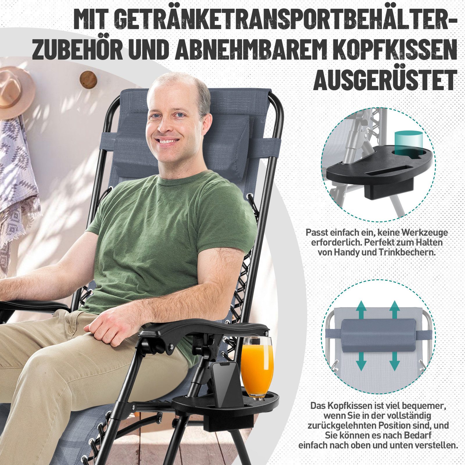 Huracan Gartenliege Sonnenliege Klappbar, Gartenliege Wetterfest, bis 120 KG, 2 St., Liegestuhl Garten mit Nackenkissen Getränkehalter Seitentasche, klappbar,er – Bild 5 von 5