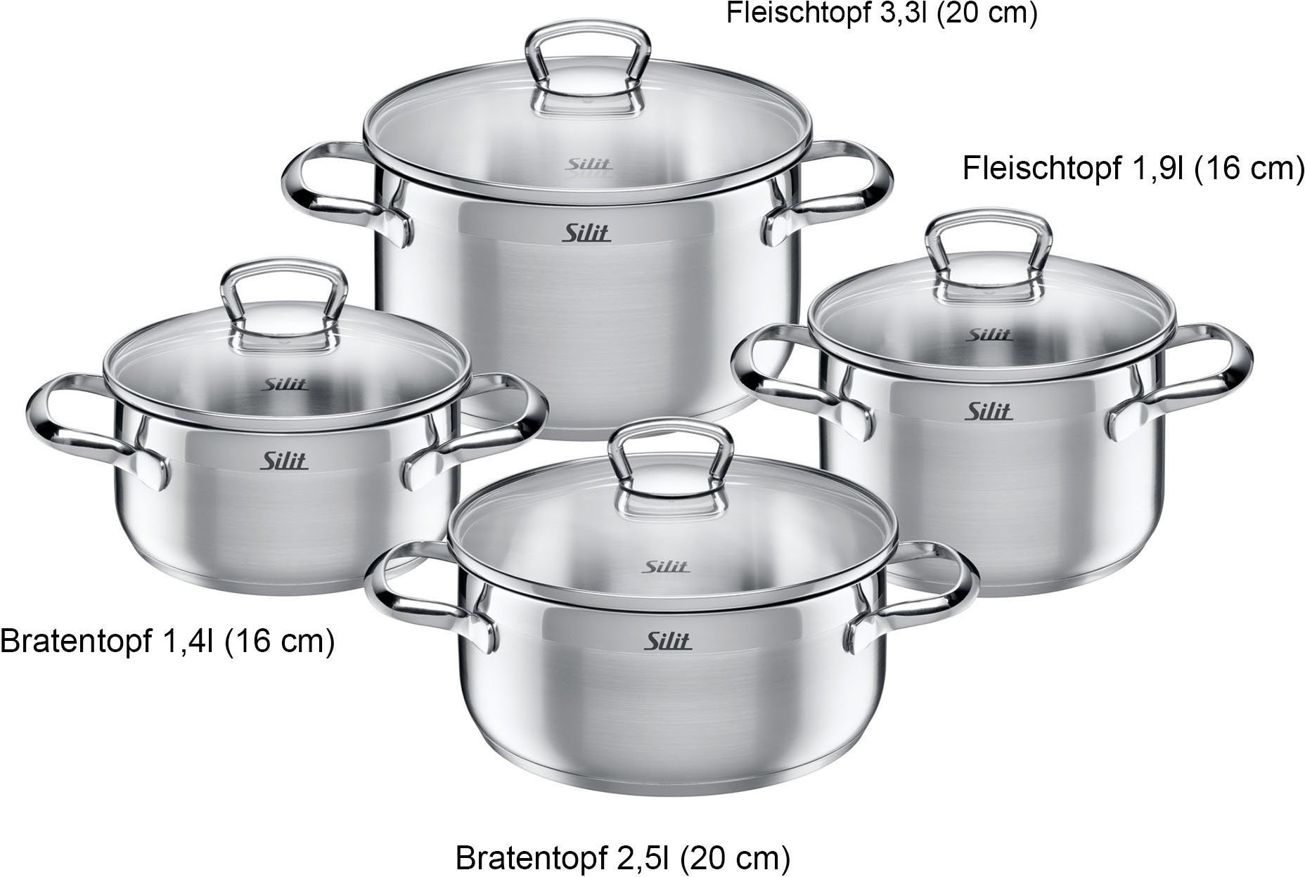 Silit Topf-Set Toskana Induktion, Kochtopf Set mit Glasdeckel, teilmattiert, Edelstahl 18/10 (Set, 8-tlg., je 1 Bratentopf Ø 16/20 cm, je 1 Fleischtopf Ø 16/20 cm), Induktions Töpfe Set, für alle Herdarten geeignet, ohne Skalierung