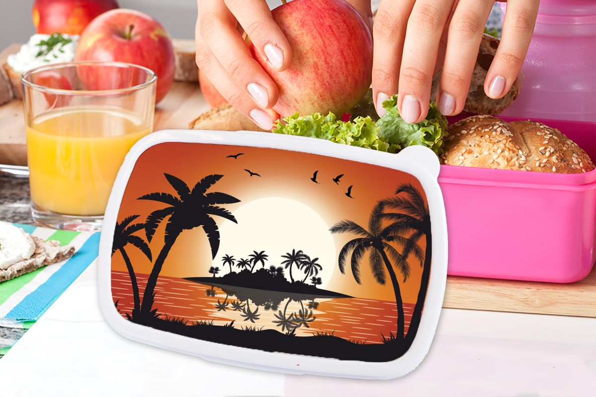 MuchoWow Lunchbox Insel - Brotdose Palme, Erwachsene, Meer - für Mädchen, Kunststoff Snackbox, Kunststoff, Kinder, - Sonne Brotbox (2-tlg), rosa