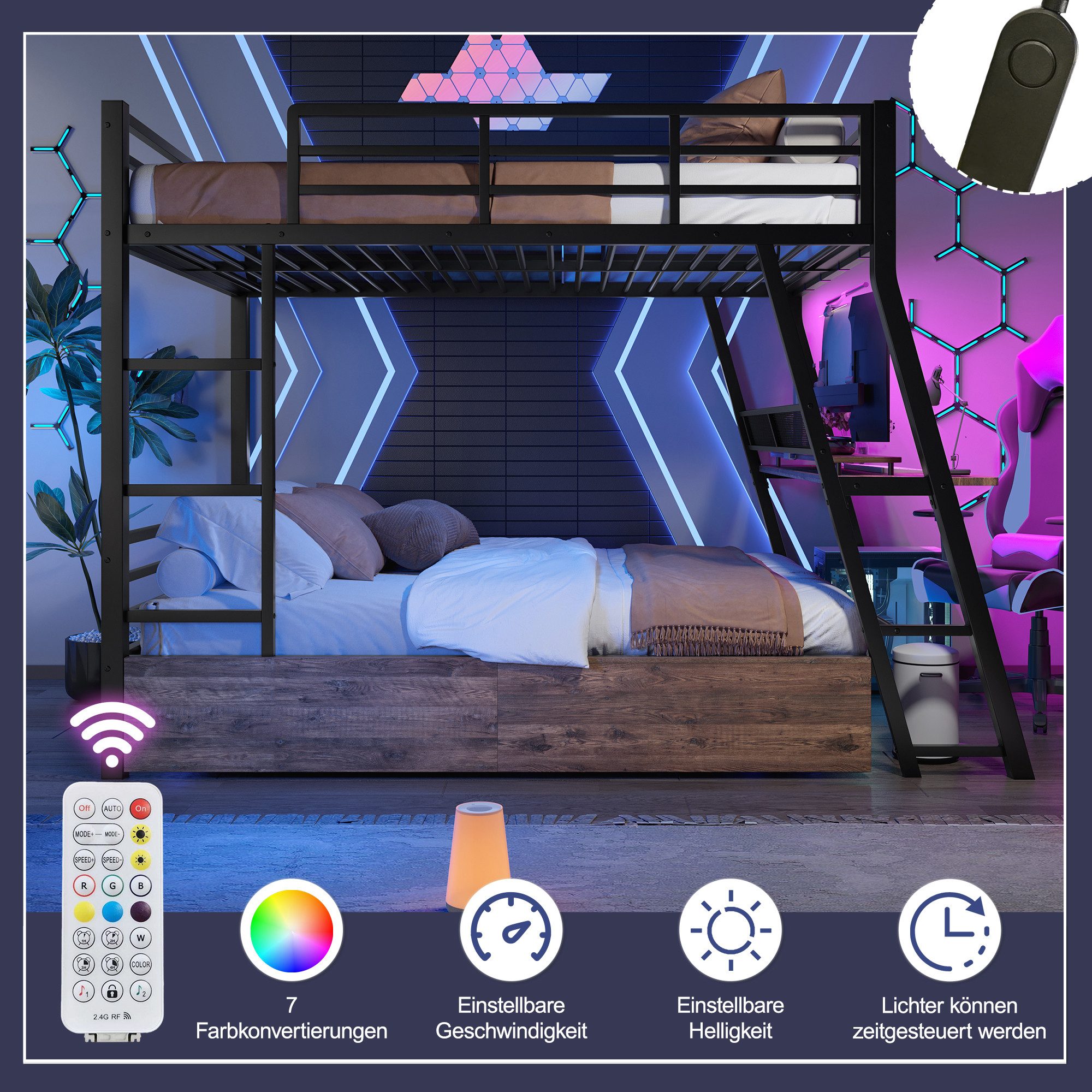 Merax Etagenbett mit LED-Beleuchtung (1-St), Metallbett Hochbett 140x200cm mit Schreibtisch Schubladen und Geländer – Bild 4 von 5