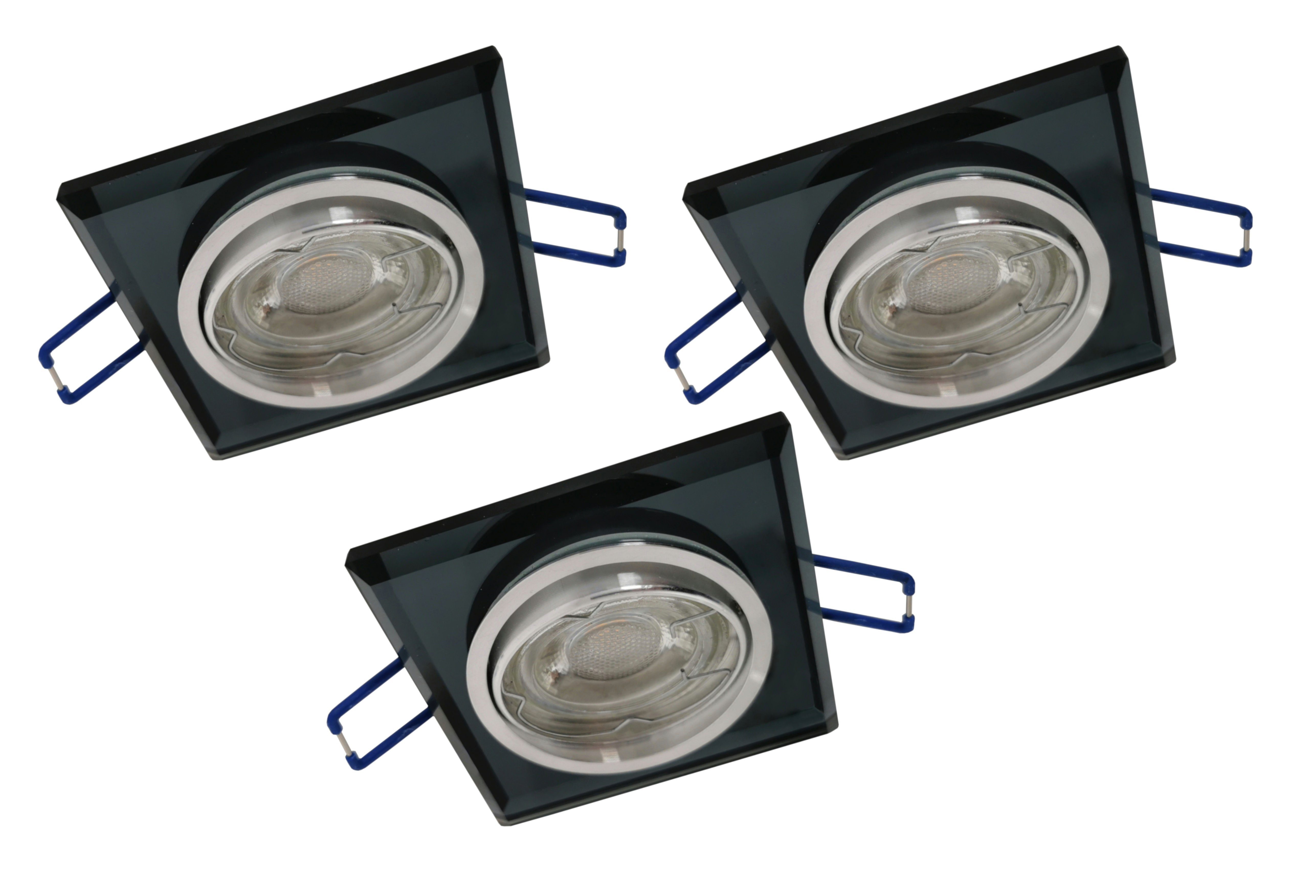 TRANGO LED Einbauleuchte, 3er Set 6736S-03MCOBSD *BLACK CRYSTAL* LED Deckenstrahler aus schwarzem Echtglas inkl. 3x 3-Stufen dimmbar Ultra Flach LED Modul, 3000K warmweiß, Einbauleuchte, Einbauspot, Deckenleuchte