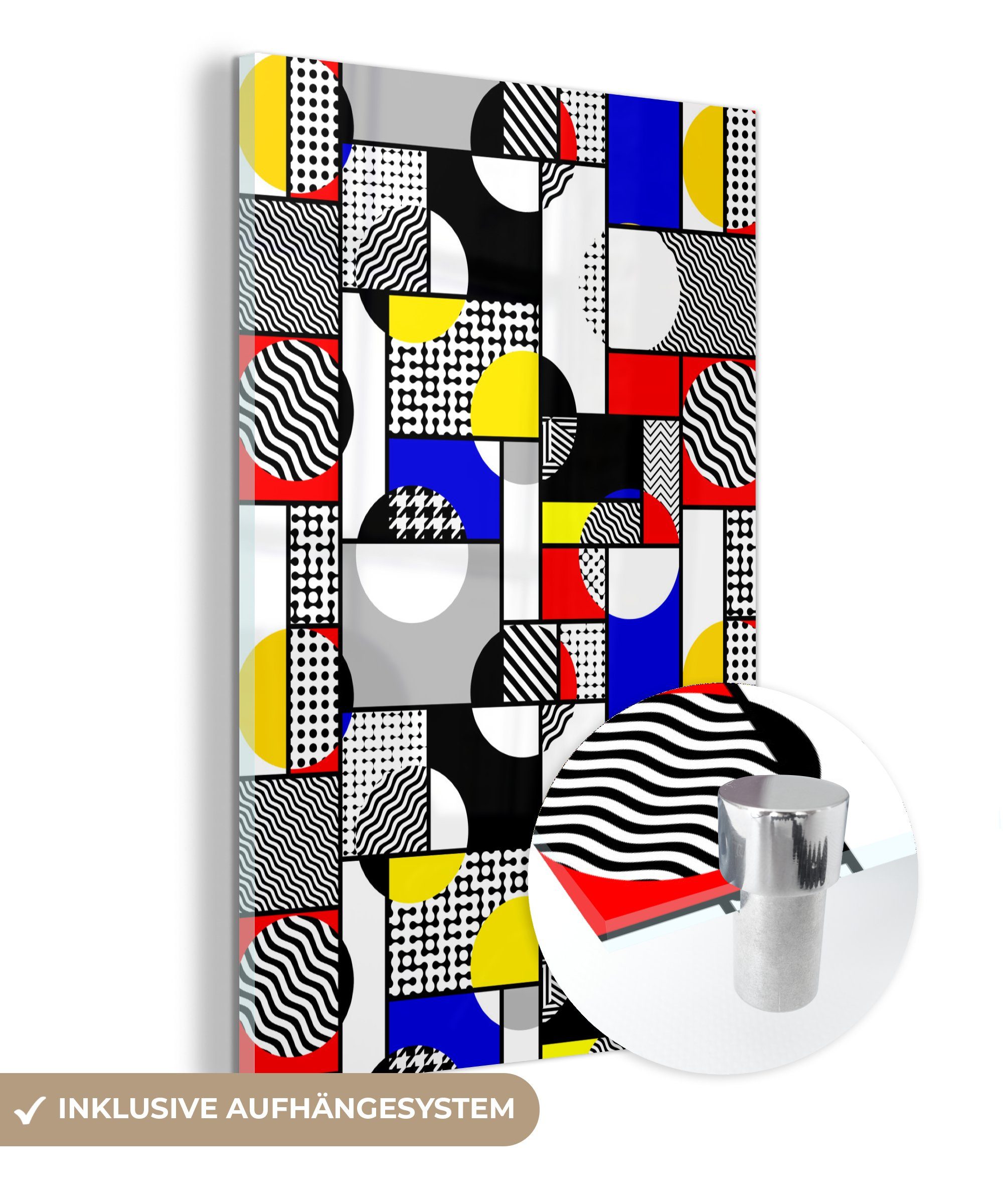 MuchoWow Acrylglasbild Malerei - Mondrian - Farben, (1 St), Glasbilder - Bilder auf Glas Wandbild - Foto auf Glas - Wanddekoration