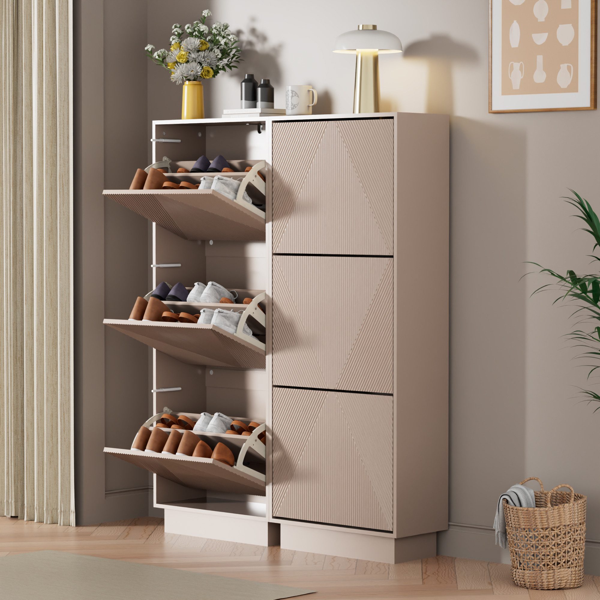 UEV Schuhschrank mit 2/3 Klappen schmal Schuhkommode mit Kippschutz Schuhregal (Packung, Schuhständeregal mit Drucktüröffner für Flur Eingang Platzsparend) Tren – Bild 4 von 5
