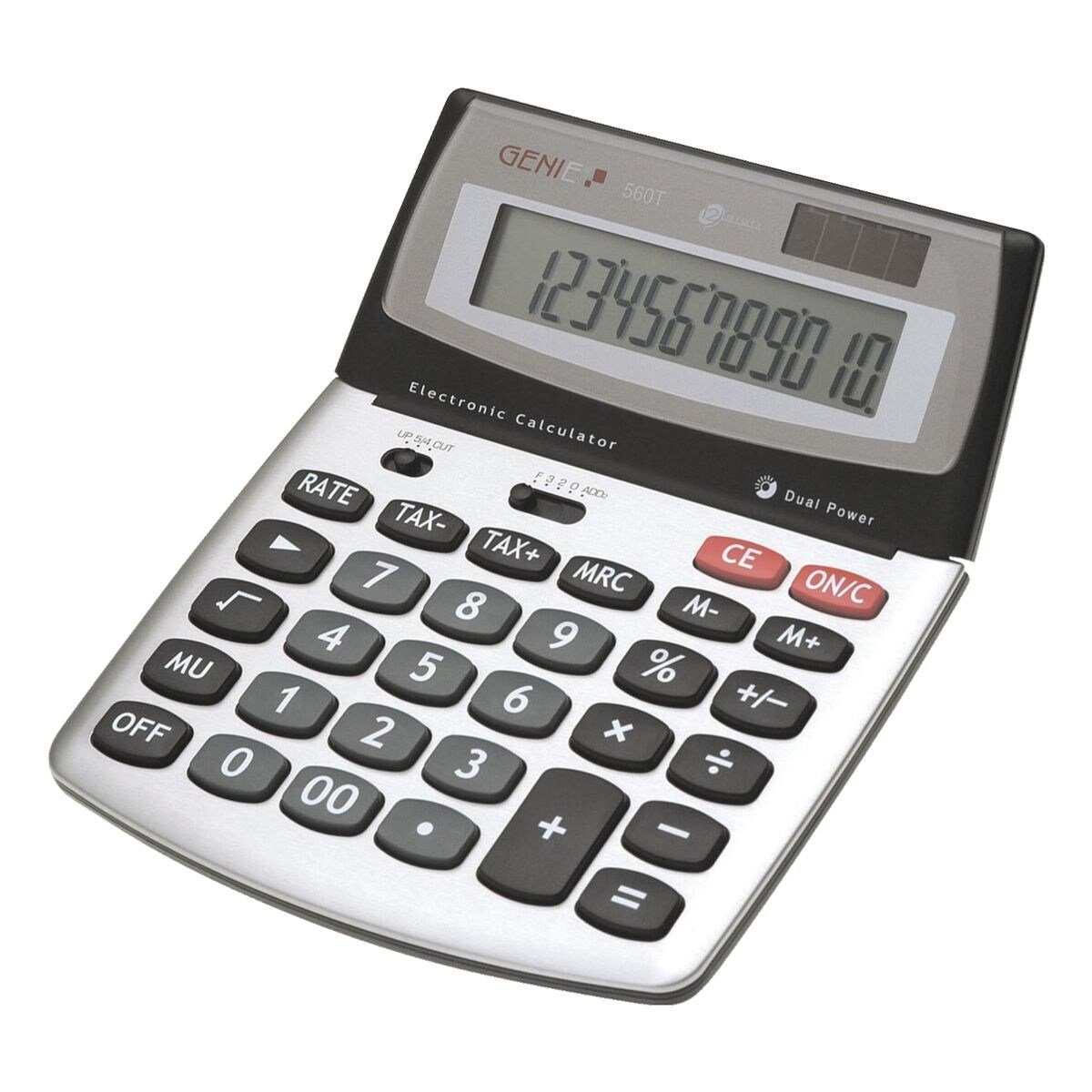 GENIE Taschenrechner Taschenrechner 560 T, 12-stellig, Solar + Batterie,  TAX, Steuerberechnung, silber/grau