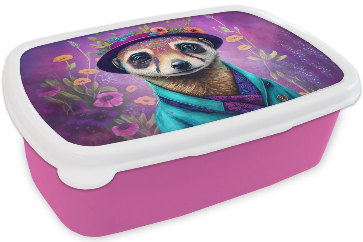 Mädchen, (2-tlg), Blumen Kunststoff - rosa Lunchbox - Erwachsene, Brotbox Porträt - Brotdose Erdmännchen Lila Snackbox, - Kinder, für - Erdmännchen, MuchoWow Kunststoff, Farbe