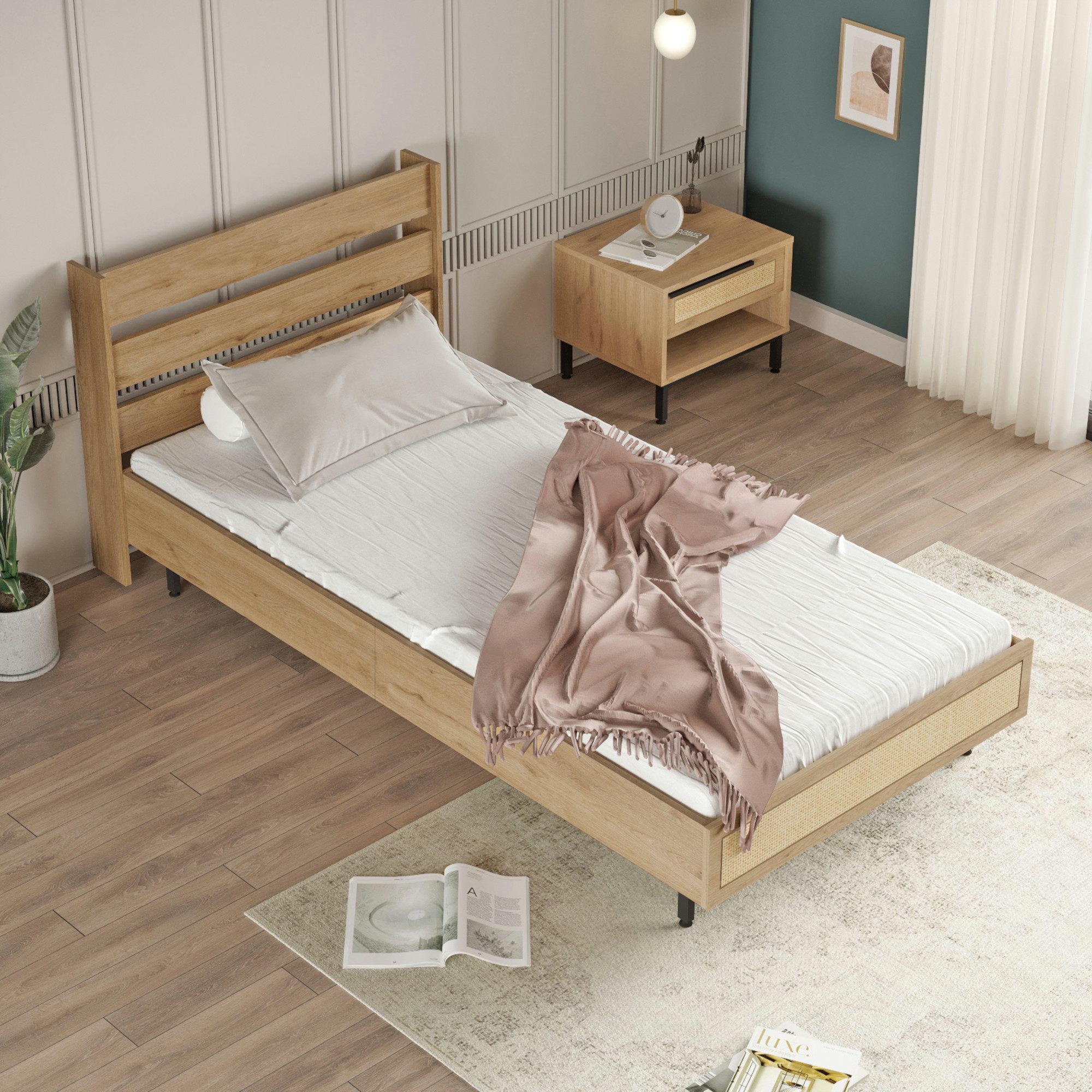 en.casa Einzelbett, »Kvænangen« mit Lattenrost 100 x 200 cm Eiche-/Rattan-Optik