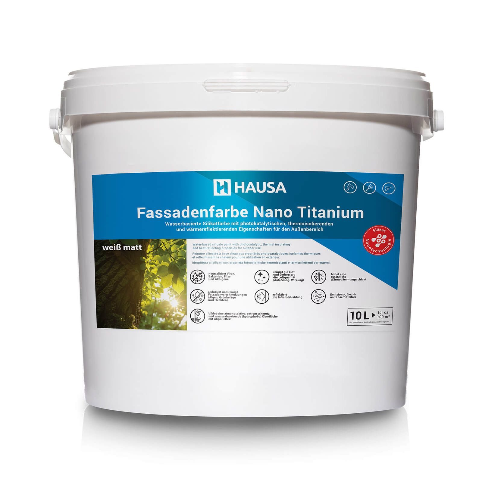 Hausa Fassadenfarbe Nano Titanium Außenfarbe, 10L für ca. 100 m² weiß Anti-Smog, thermoisolierend, Reinigt die Luft