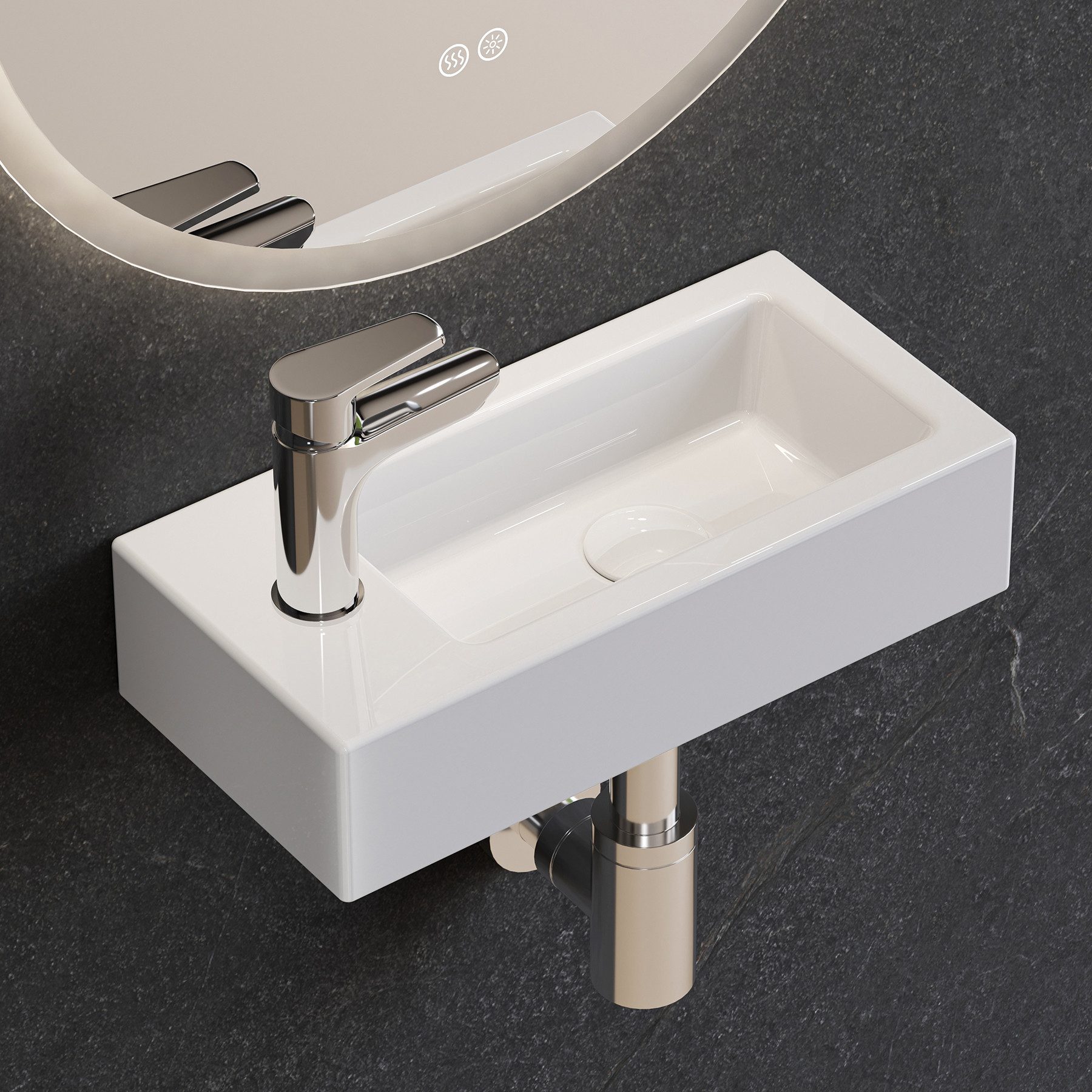 HOROW Waschbecken Mini Hänge-/Aufsatzwaschbecken mit Hahnloch für Bad /Gäste-WC (mit Hahnloch Rechts/Links, Eckig Weiß Waschbecken 37 x 18 x 9 cm), aus Keramik, einfach Montage