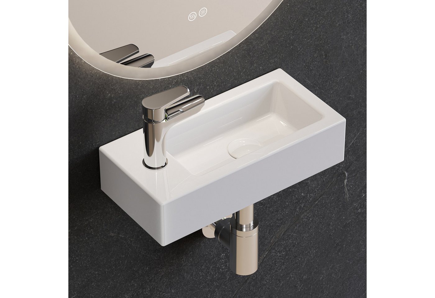 HOROW Waschbecken Mini Hänge-/Aufsatzwaschbecken mit Hahnloch für Bad /Gäste-WC (mit Hahnloch Rechts/Links, Eckig Weiß Waschbecken 37 x 18 x 9 cm), aus Keramik, einfach Montage