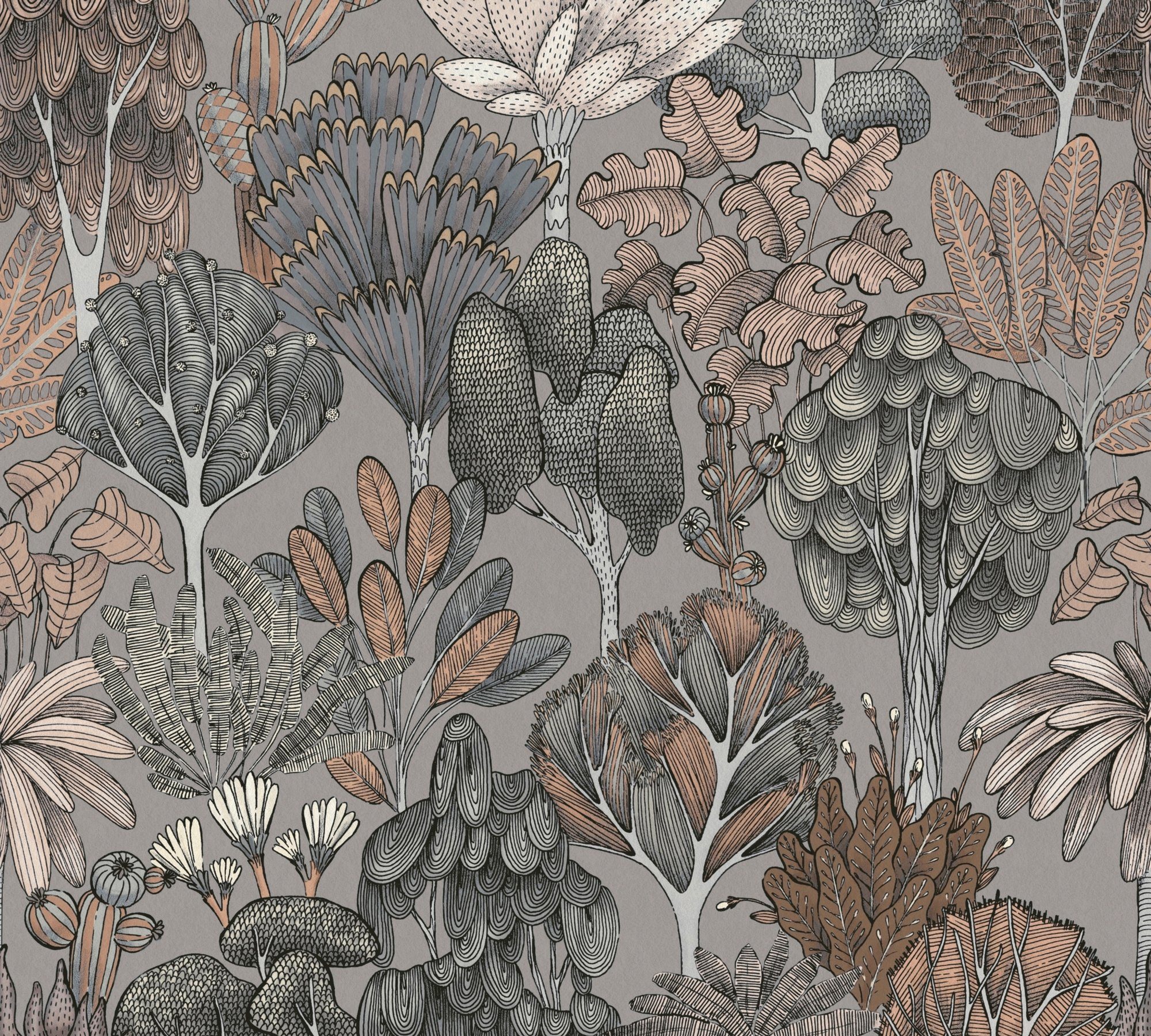 Floral Architects botanisch, Vliestapete A.S. Impression, Dschungel Paper Tapete floral, Création grau/beige/orange glatt, Blumentapete