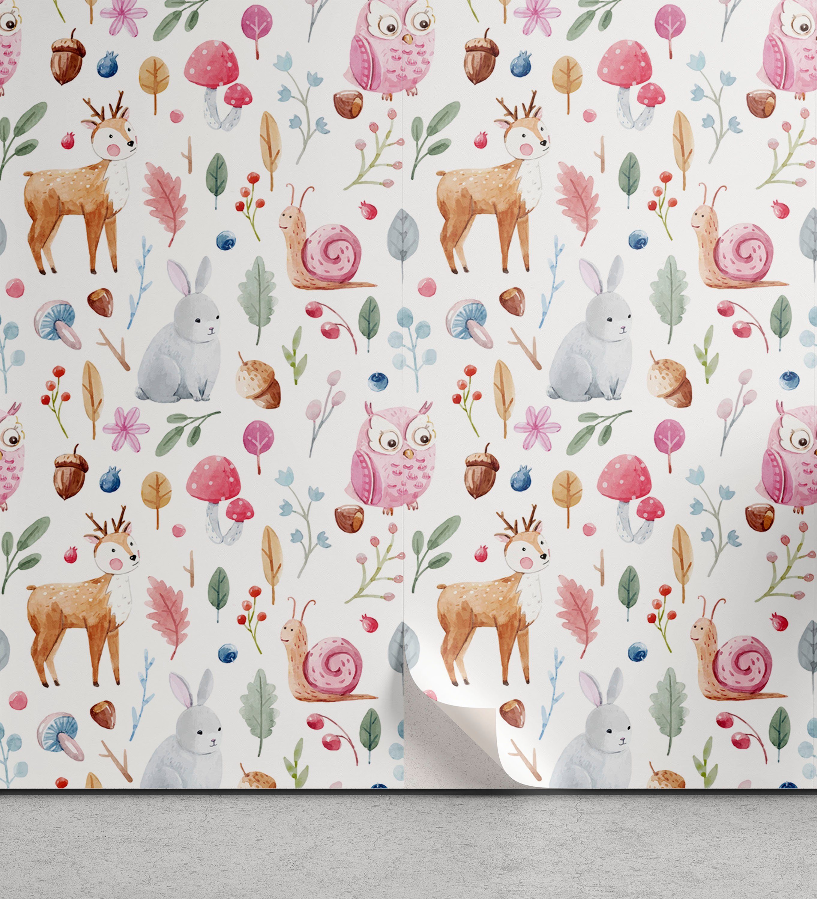Abakuhaus Vinyltapete selbstklebendes Wohnzimmer Küchenakzent, Kindergarten Deer Snail Owl