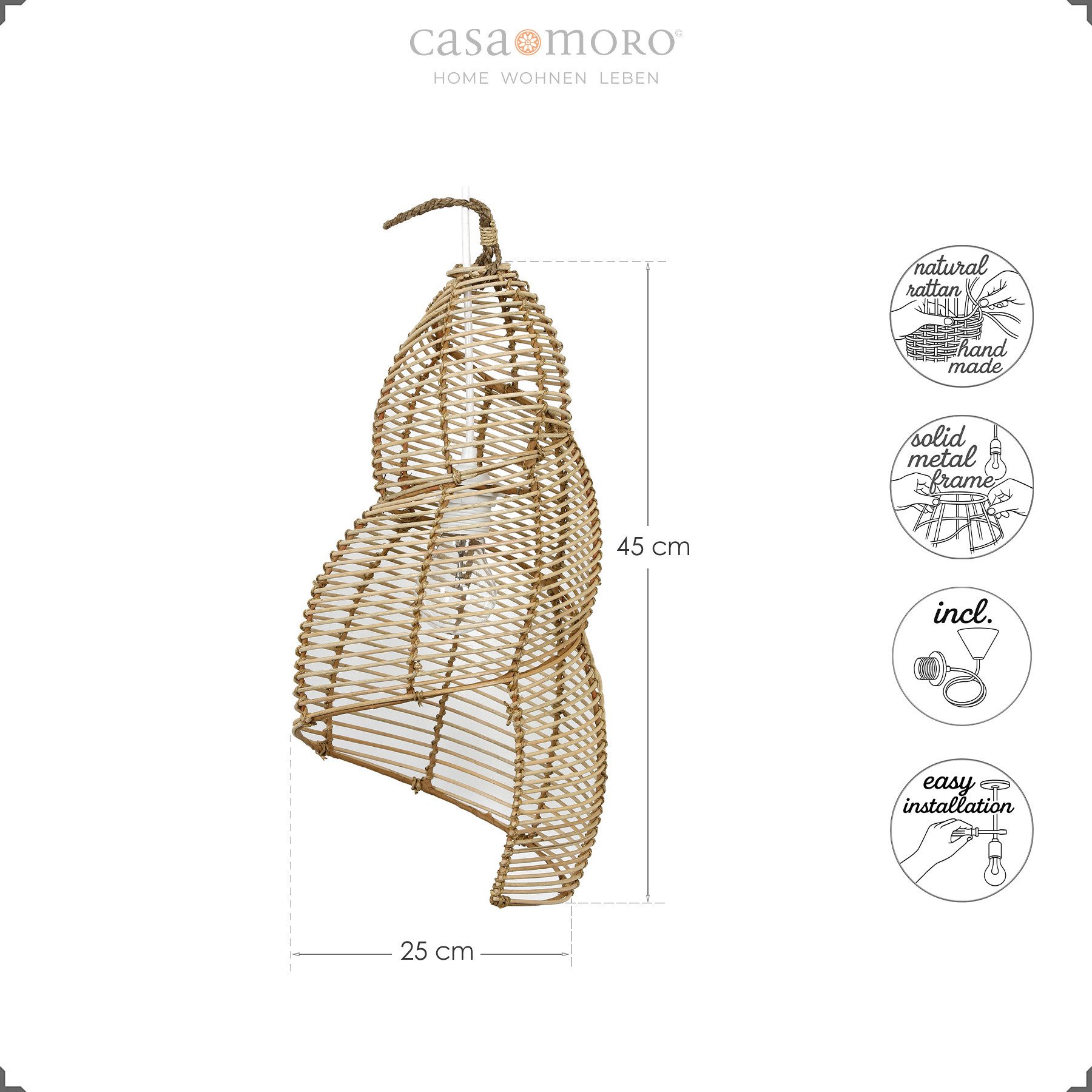 Casa Moro Pendelleuchte Rattan Lampe Natur – Deckenlampe, Hängelampe Ø 25 x H 50 cm, ohne Leuchtmittel, E27, Pendelleuchte, Wohnzimmer, Kinderzimmer, Schlafzimmer, Esszimmer