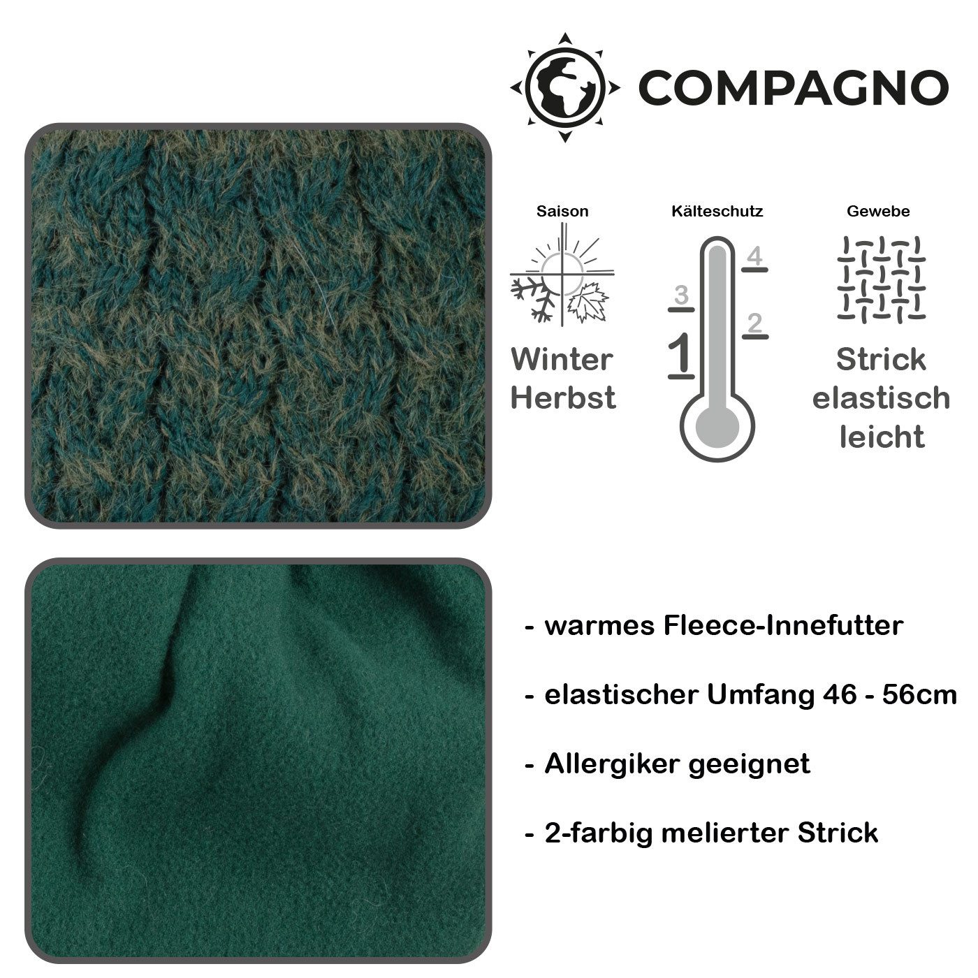 compagno Bommelmütze (1-St) Bommelmütze Wintermütze Zopfstrick Damen Fleecefutter Beanie