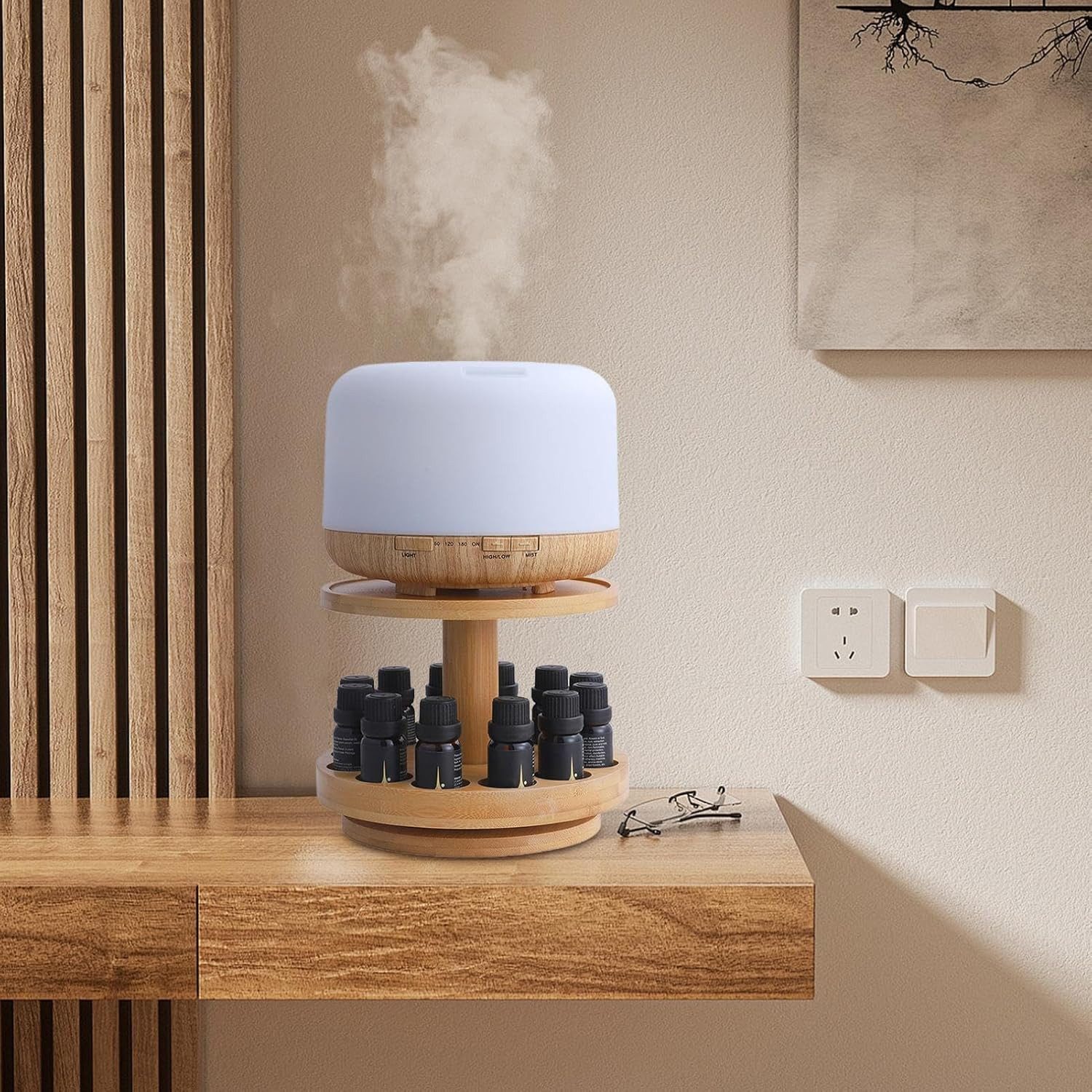 BlingBin Ablageregal Aromatherapie-Öl-Halter Ätherisches Öl Display Ständer Holzorganisator, 1er Set 1-tlg., 2-stöckiger Ölkasten-Aufbewahrungsregal für Ätherische Öle und Duftöle