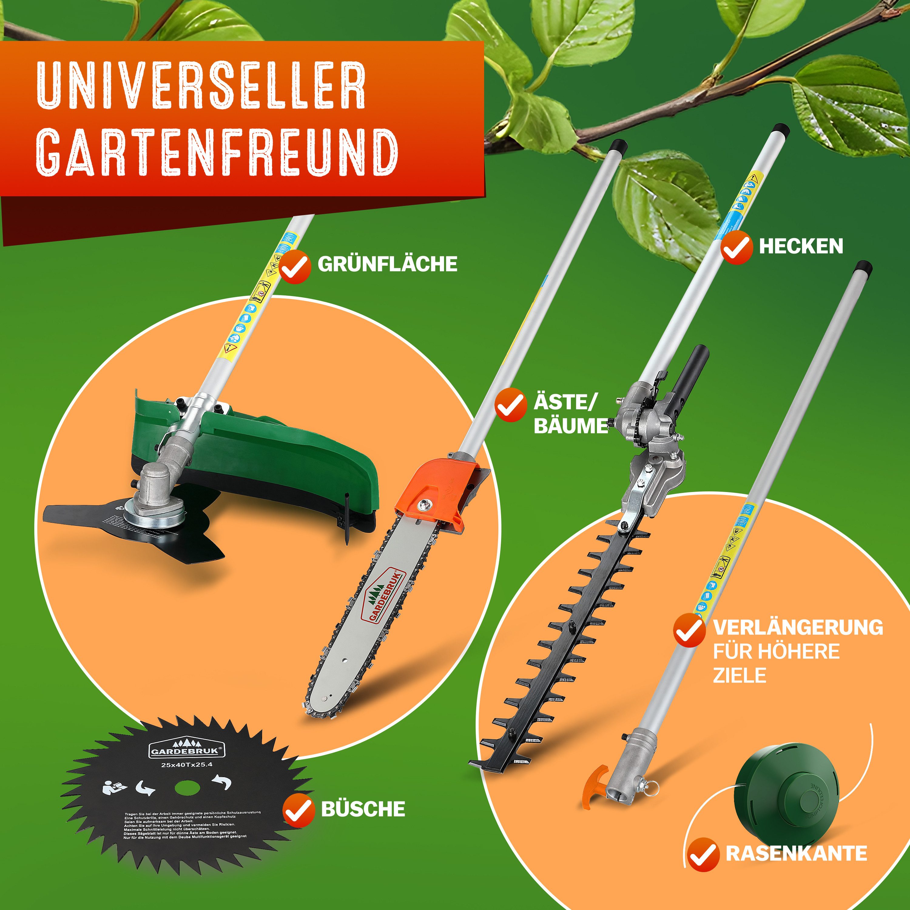 Gardebruk Benzin-Motorsense, GBMT520 2 PS Tragegurt 5 in 1 Multitool 1m Verlängerung Heckenschere