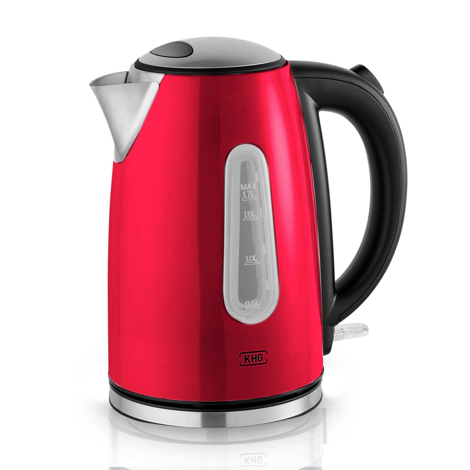 KHG Wasserkocher Wasserkocher WK-1707 in rot aus Edelstahl, 1,7 Liter, 1.7 l