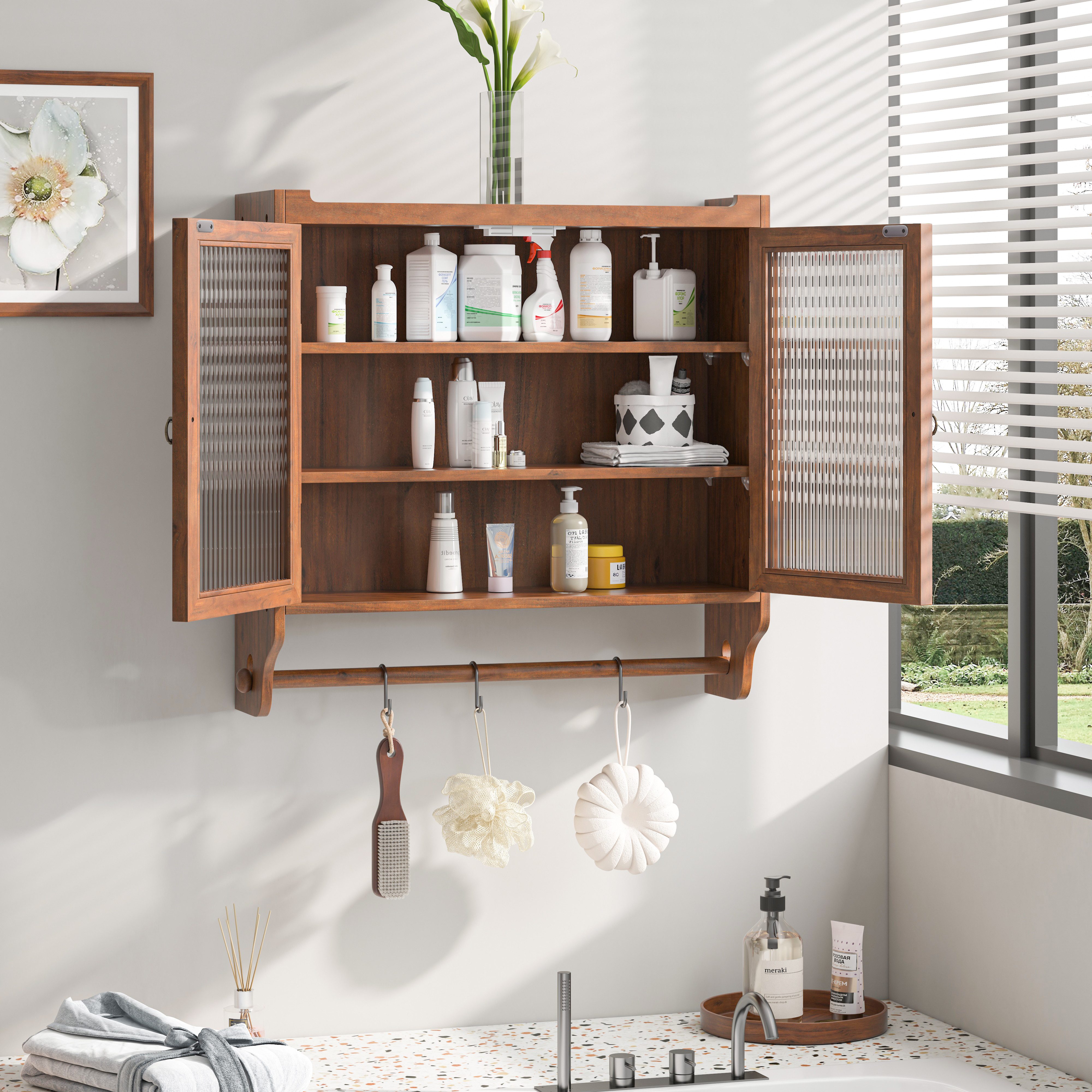 BBWL Hängeschrank Vintage Wandschrank mit Glastüren 60 cm Hängeschrank aus Massivholz und MDF mit Handtuchhalter für Bad