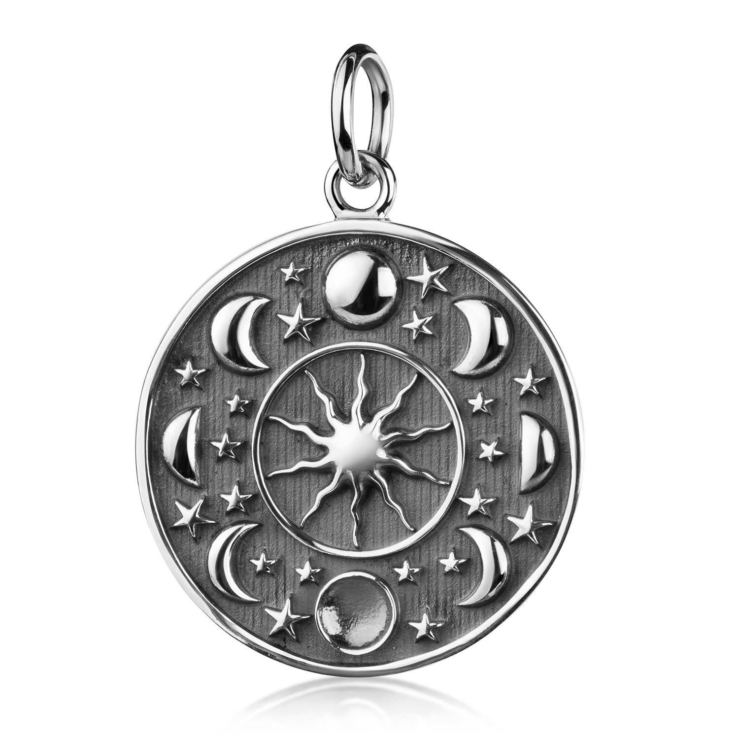 Materia Runder Anhänger Mond Phasen Sterne Sonne Vollmond antik KA-131, 925 Sterling Silber, oxidiert
