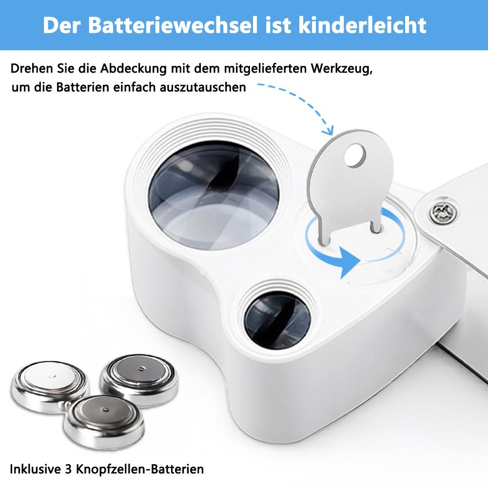 nsihing Lupenbrille Juwelier Lupe, 30X and 60X Vergrößerung, Metall Faltlupe mit LED, für Diamanten, Edelsteine, Schmuck, Briefmarken, Münzen – Bild 5 von 5