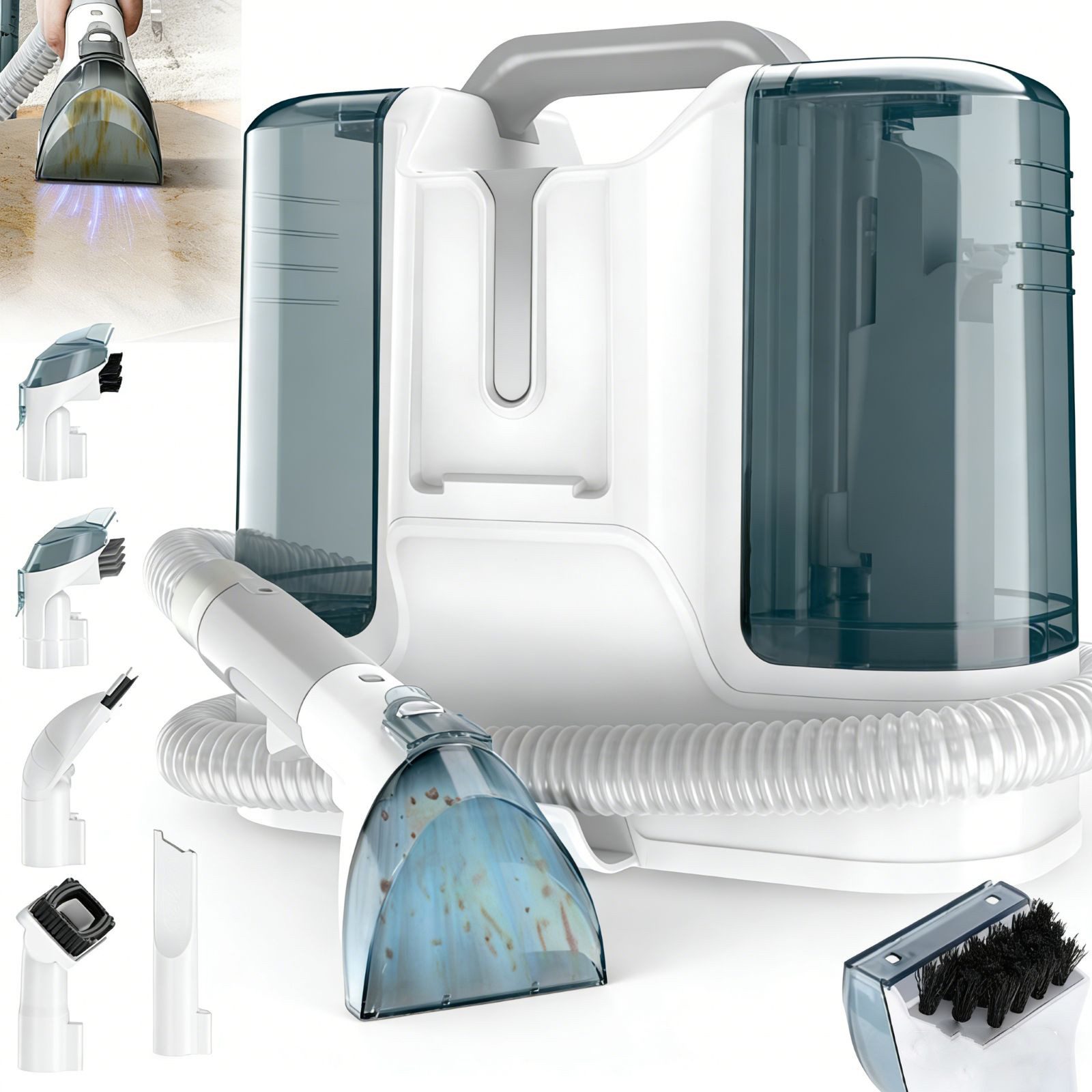 AKKEE Wasch-Sauger Waschsauger Teppichreiniger Polsterreiniger Gerät, 11kPa, 1.8L, 450 W, beutellos, Doppelwassertank und flexibel einsetzbaren Bürstenköpfen